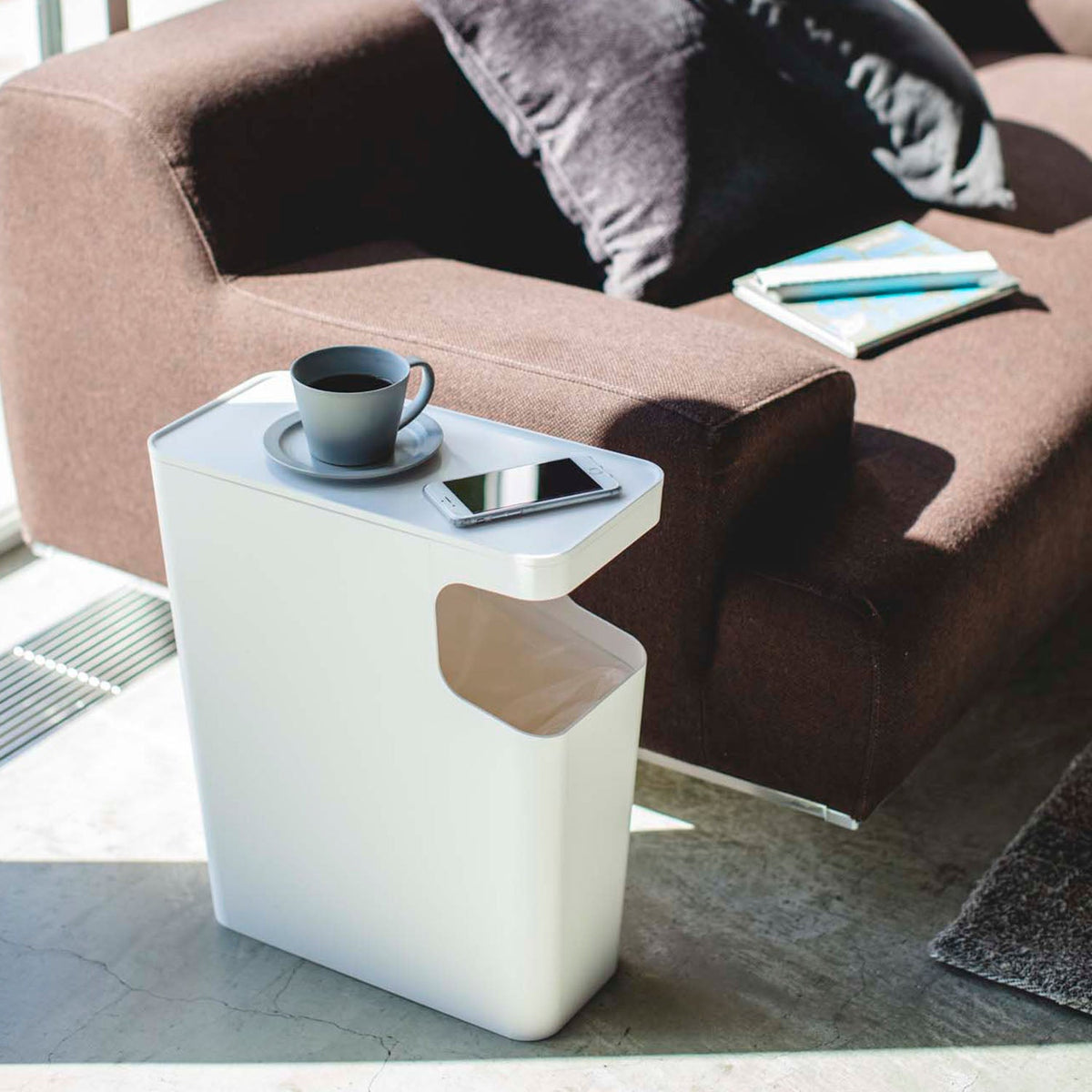 Yamazaki Tower Dust Box and Side Table, Dust Box With a Flat Top That Doubles as a Side Table Beside a Bed or Sofa, Wide Opening, 15 L for 20 L Bags, Holds 5 kg on Top, 38 x 18.5 x 45 cm and 1750 g, White or Black