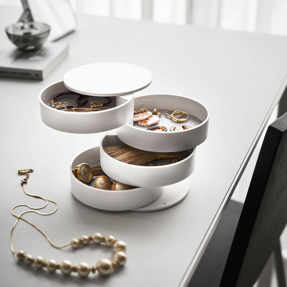 Yamazaki Tower Accessory Tray 4 Tiers, Four Slide-Out Trays in a 10 cm Tower for Accessories, Slide Out the One You Need, Stack Them Compact When Unused, Felt Mat Protects, 10 x 10 x 10 cm and 200 g, White or Black