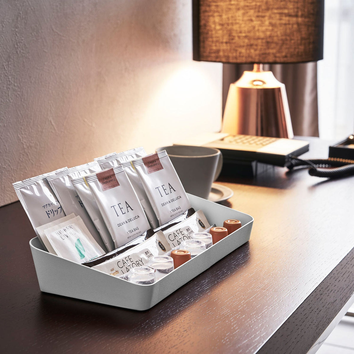 Yamazaki Tower Amenity Box Wide, Wide Low Steel Box for Cotton, Swabs, Amenity Goods and Tea Sets in the Washroom or on the Table, 30 cm Long, 30 x 13.5 x 5 cm and 510 g, White or Black