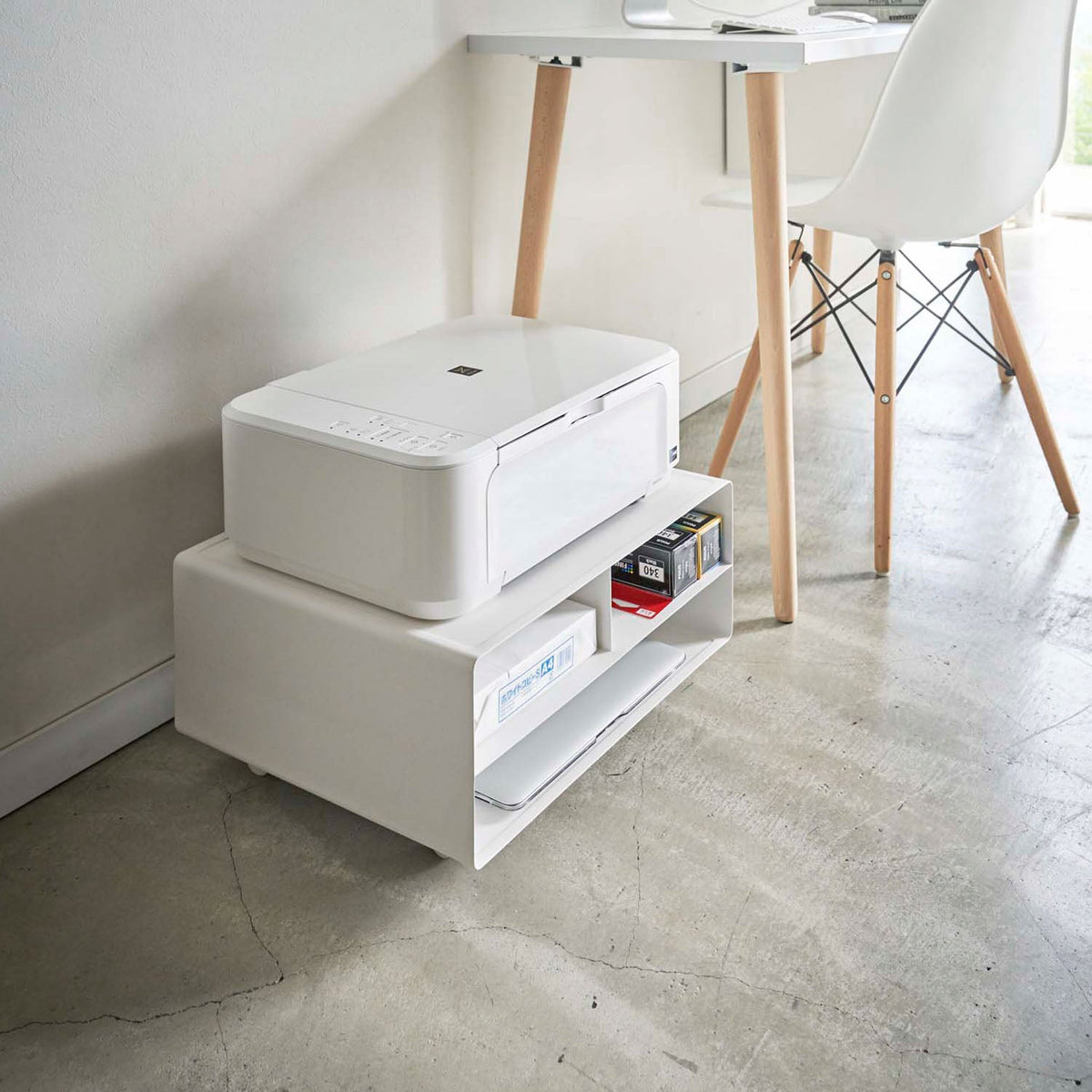 Yamazaki Tower Two-Way Printer Storage Rack, Printer Rack With a Recess for an A4 Printer and Shelves for A3 Paper and a Laptop, Fit the Casters to Roll It Out From Under a Desk, Holds 9 kg on Top, 48 x 37 x 19 cm and 5700 g, White or Black