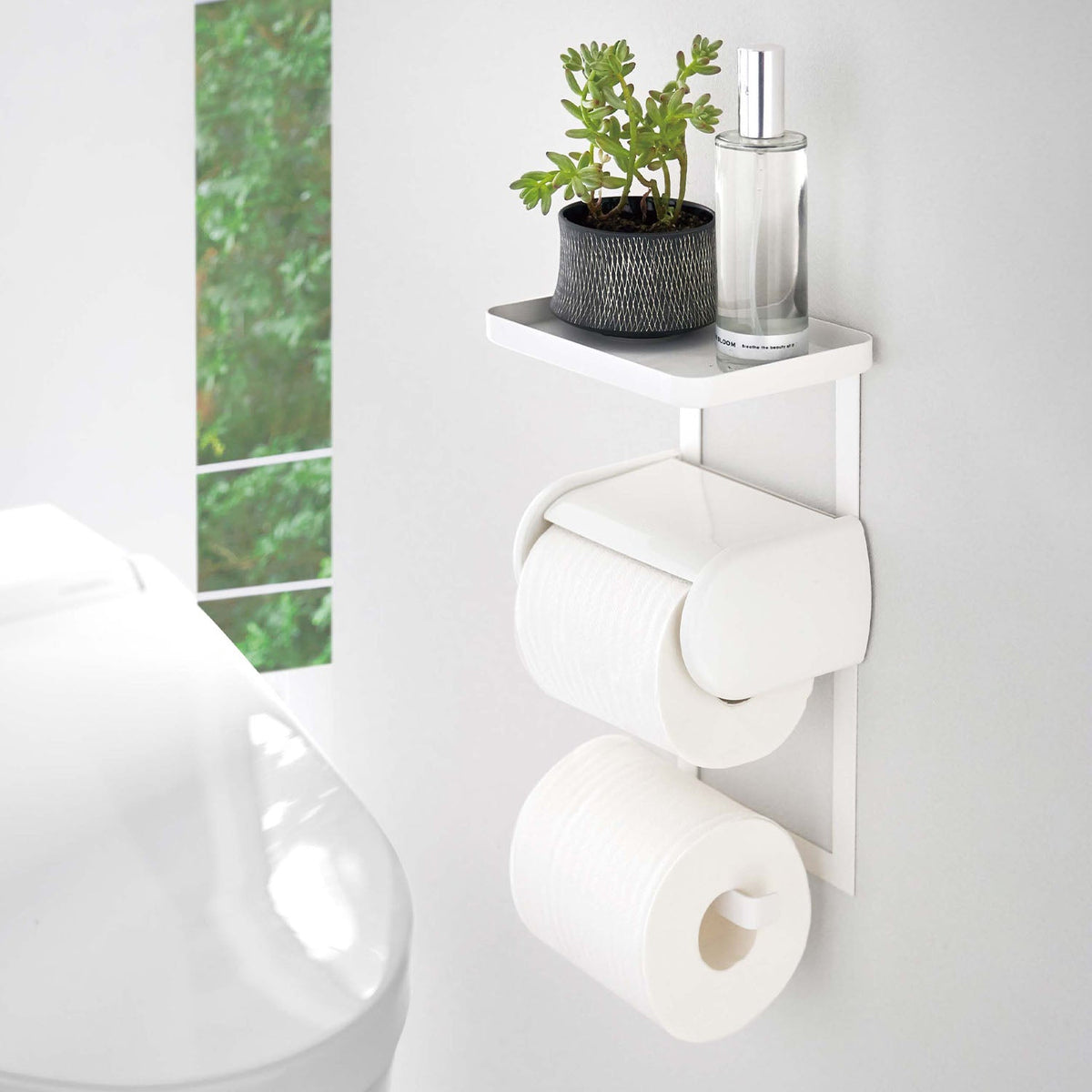 Yamazaki Tower Two-Tier Rack Above the Toilet Paper Holder, Rack That Slides Onto the Toilet Paper Holder to Add a Top Tray and a Lower Hanger, Top Tray for Cleaning Goods or a Phone, Holds 1 kg, 17 x 12.5 x 30 cm and 445 g, White or Black