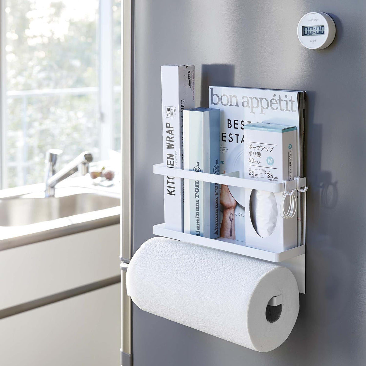 Yamazaki Tower Magnetic Kitchen Paper and Wrap Holder, Magnetic Holder for Kitchen Paper, Wrap and Plastic Bags That Sticks to a Refrigerator Side, Removable Hooks for Tools, Rolls Up to 15 cm Across, Holds 2 kg, 29 x 8 x 20 cm and 1000 g, White or Black