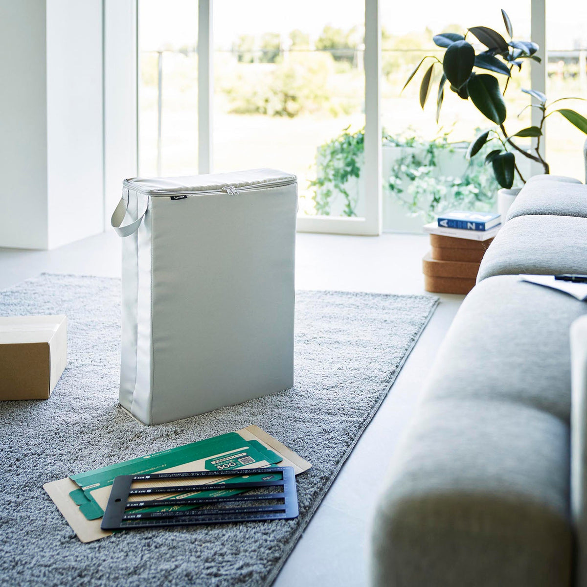 Yamazaki Tower Soft Storage Box for Packing Materials with Dividers, Tall Soft Box with Dividers that Stores Flat Shipping Bags, Boxes and Packing Supplies, 34 x 15.5 x 48 cm without handles and 630 g, Light Gray or Black