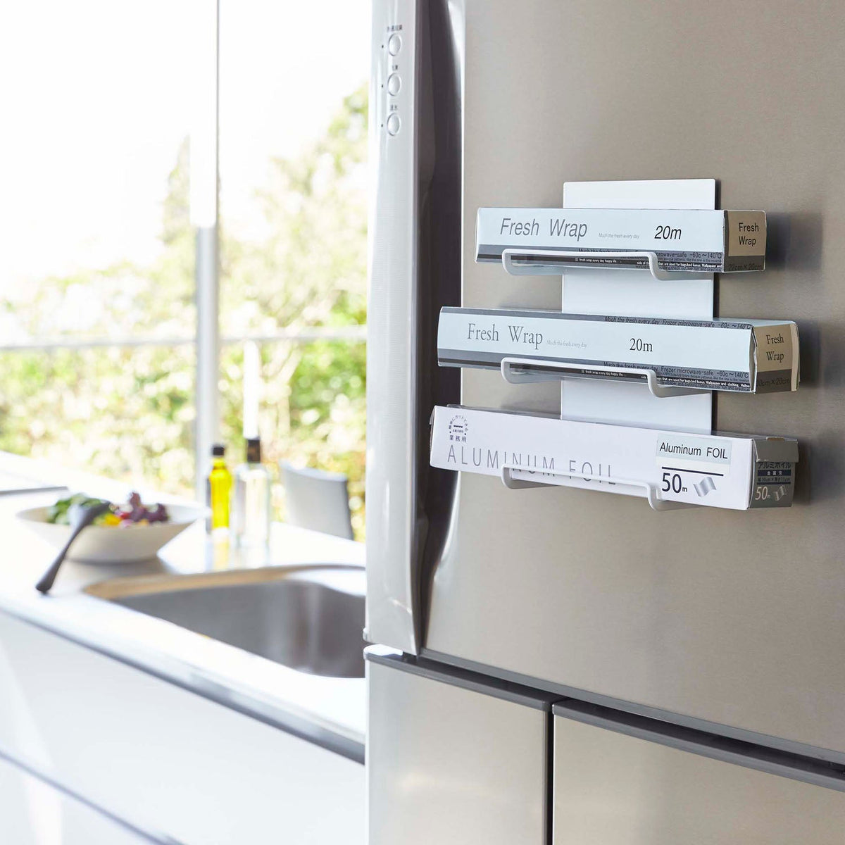 Yamazaki Tower Magnetic Wrap Holder 3 Tiers, Three-Tier Holder That Sticks to a Refrigerator Side or Steel Kitchen Panel by Strong Magnet, Holds 500 g per tier, 15 x 7 x 23 cm and 500 g, White or Black