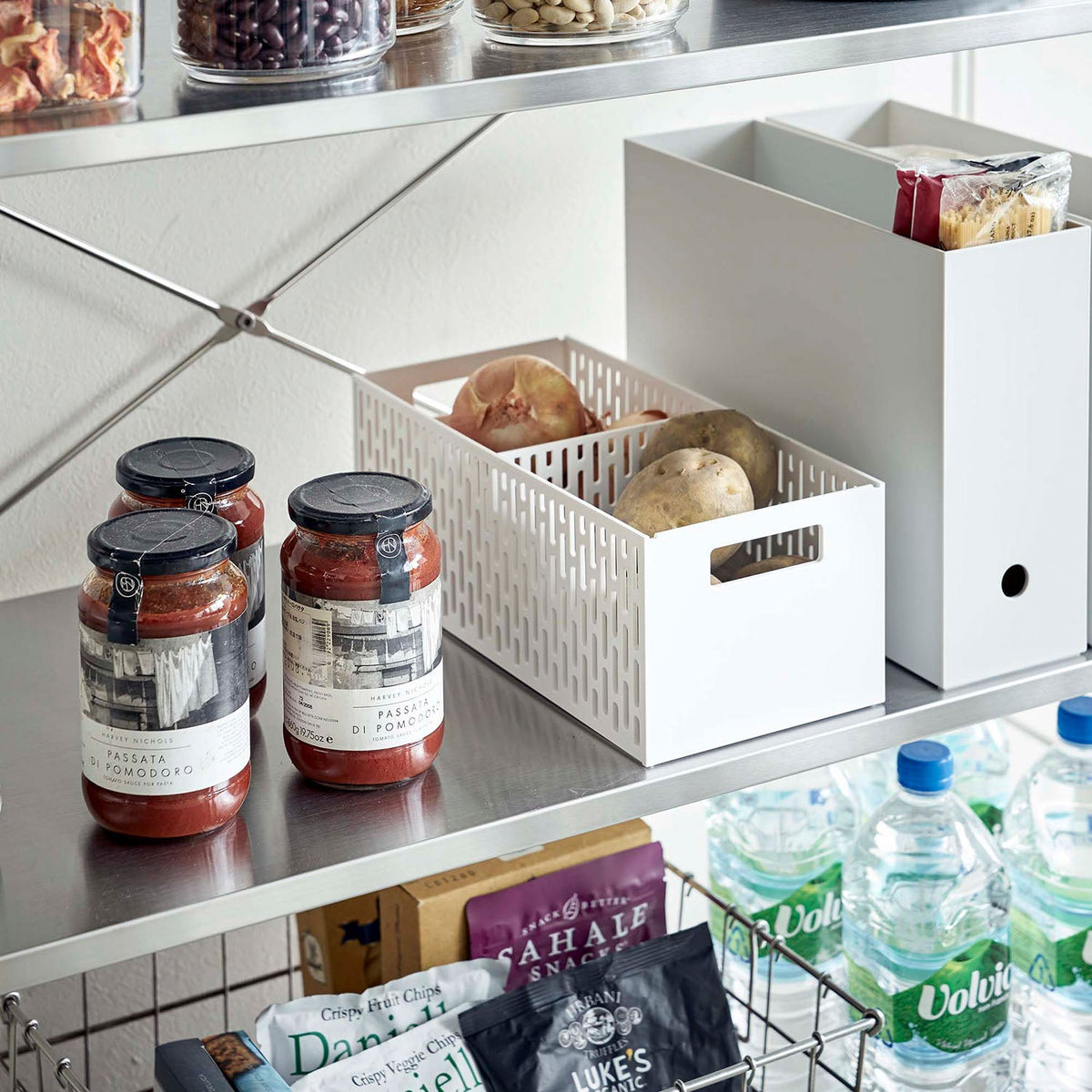 Yamazaki Tower Vegetable Stocker, Long Open Stocker for Root Vegetables With Dividers You Move Every 2 cm to Suit the Vegetable, Stack Two High, Heat Safe to 90 C, 15.3 x 32 x 12.2 cm and 415 g, White or Black