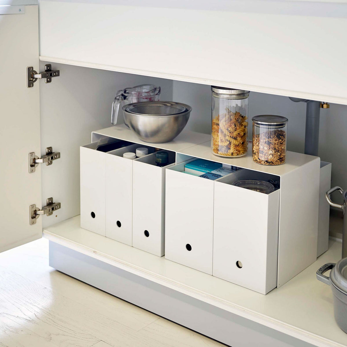 Yamazaki Tower Over-Box Rack Set of 2, Set of Two 28 cm Racks That Sit Over Horizontal Storage Boxes and Use the Dead Space Above, Tall Enough for Pots, Holds 1 kg Each, 31 x 20 x 28 cm each and 3400 g, White or Black