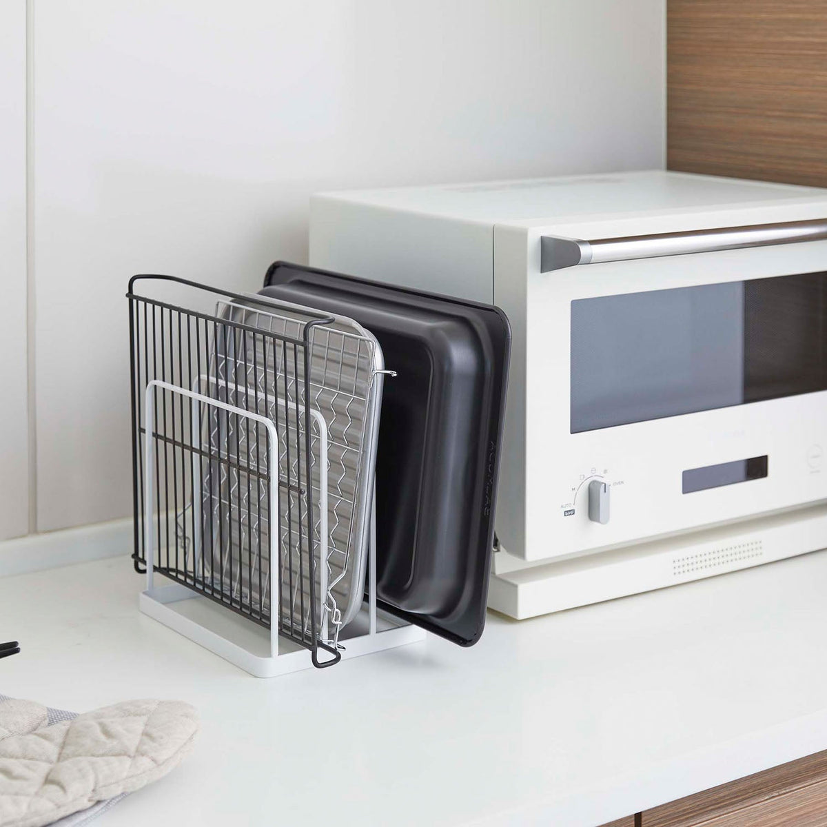 Yamazaki Tower Tray Stand, Stand That Keeps Oven Trays, Kitchen Trays and Cutting Boards Upright in 4 cm Slots to Save Space, Fits a Spare Hot Plate Top Too, Cushions Included, 19.5 x 16 x 19.5 cm and 530 g, White or Black