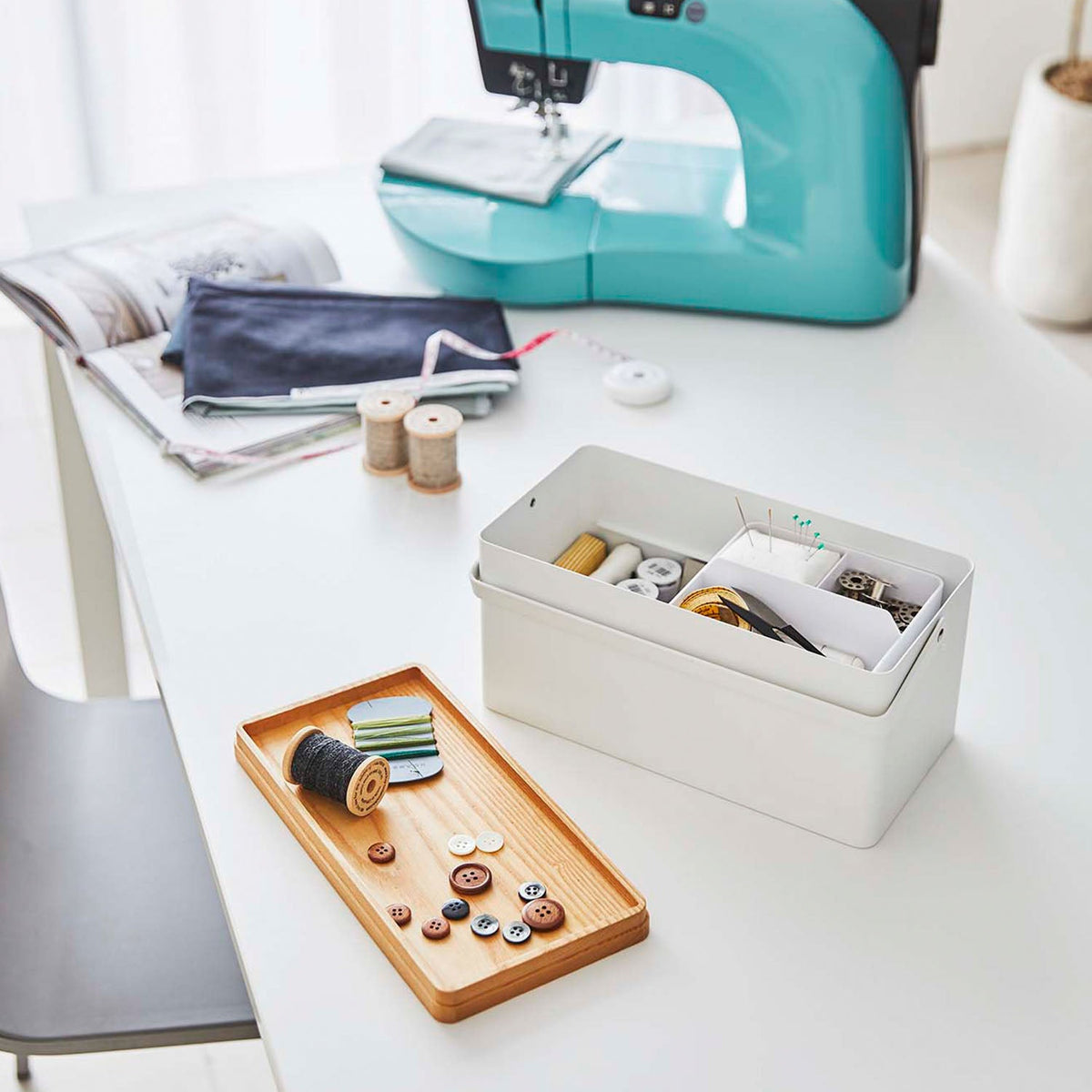 Yamazaki Tower Sewing Box, Sewing Box With Lift-Out Trays So You Can Sew at a Table Without Scattering Tools, Sliding Upper Tray, Pin Cushion Included, Wood Lid, 27 cm Wide, 27 x 14 x 13.5 cm and 1560 g, White or Black