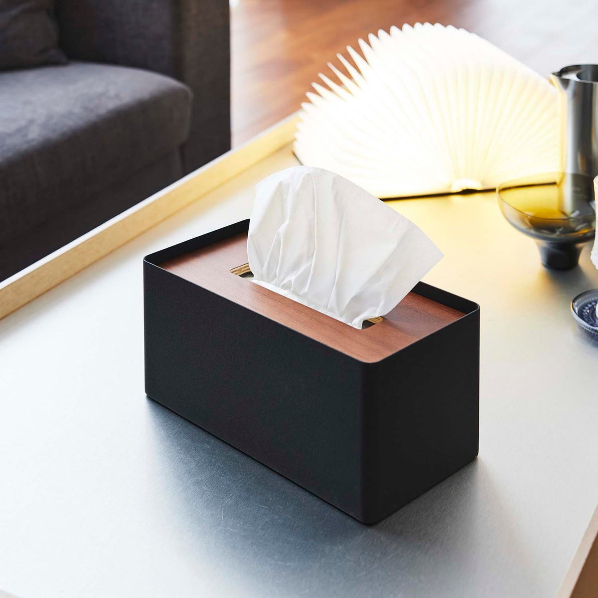 Yamazaki Rin Lidded Tissue Case for Thick Boxes, Steel Case with a Wood Lid for Tissue Boxes up to 10 cm High, Including Thick and Imported Boxes, 26 x 13 x 11.5 cm and 1100 g, Brown or Natural