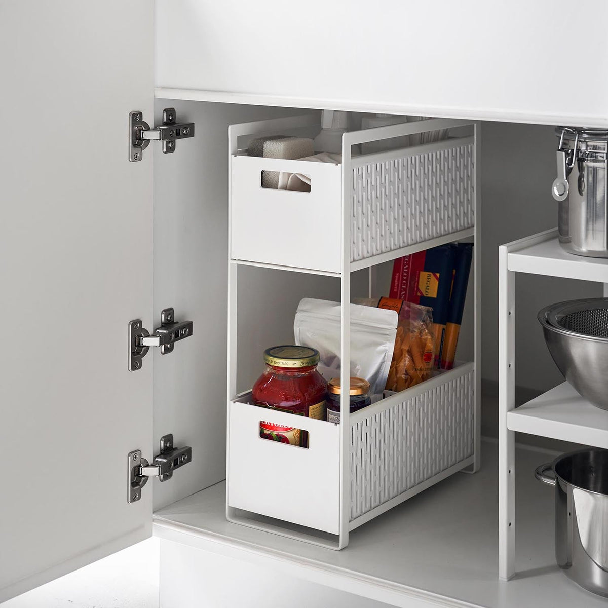 Yamazaki Tower Under-Sink Sliding Basket 2 Tiers, Slim Two-Tier Sliding Basket Rack for the Space Under a Sink, Takes Food, Seasonings and Detergent Stock, Holds 6 kg Per Tier, 16 cm Wide, 16 x 32.5 x 46 cm and 2300 g, White or Black