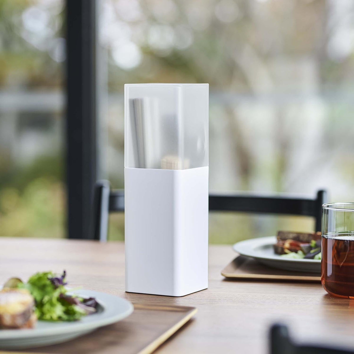Yamazaki Tower Cutlery Stand with Lid, Slim Tall Cutlery Stand With a Lid and Dividers of Different Depths for Spoons, Forks and Chopsticks of Different Lengths, Silicone Mat Stops Rattle, 8 x 8 x 25 cm and 380 g, White or Black