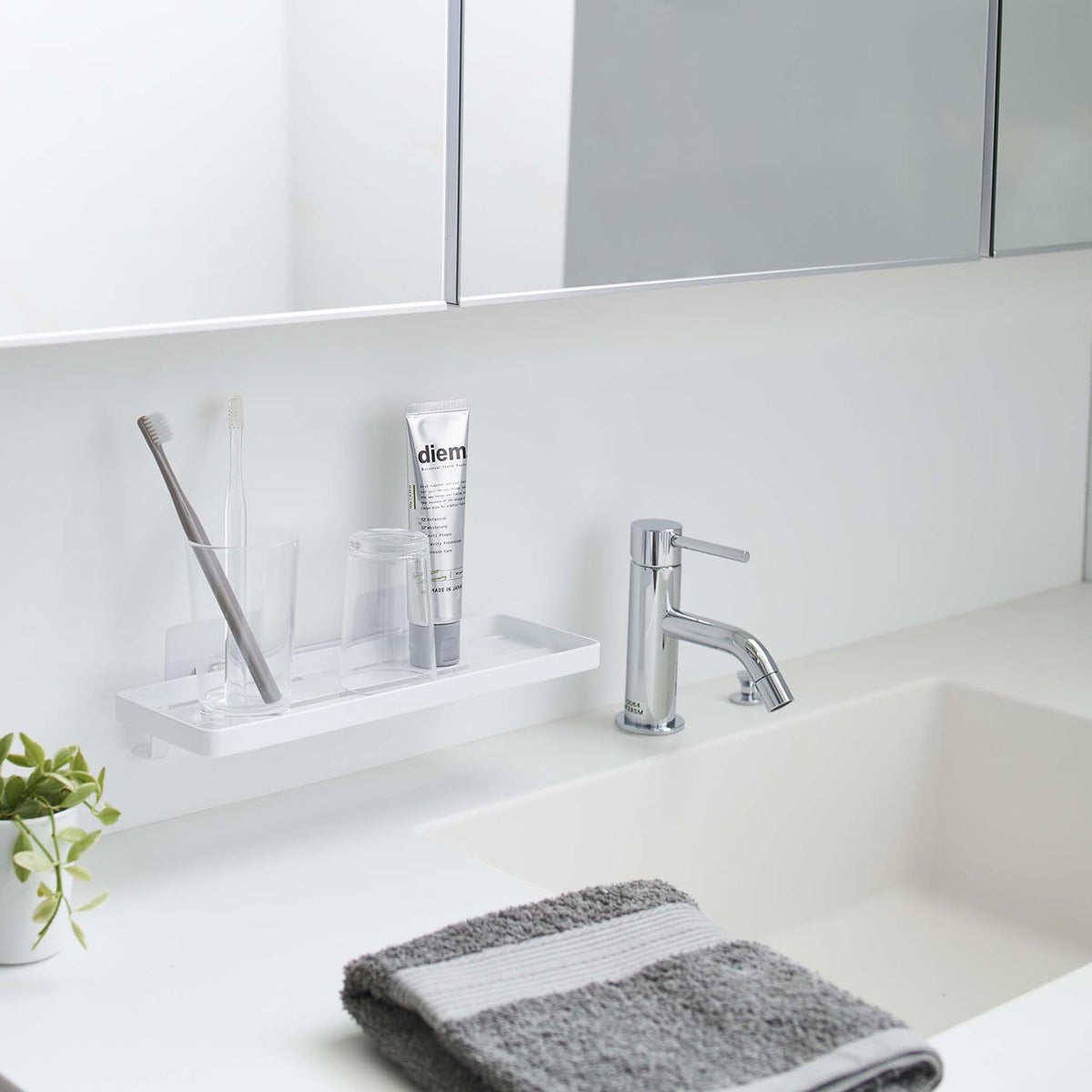 Yamazaki Tower Film-Hook Wide Sanitary Rack, Wide Shelf that Fixes with Film Hooks to Tile, Glass or a Mirror, for Skincare, Cotton and Toothbrushes, 30 x 11.5 x 4.7 cm without the film hooks and 410 g, White