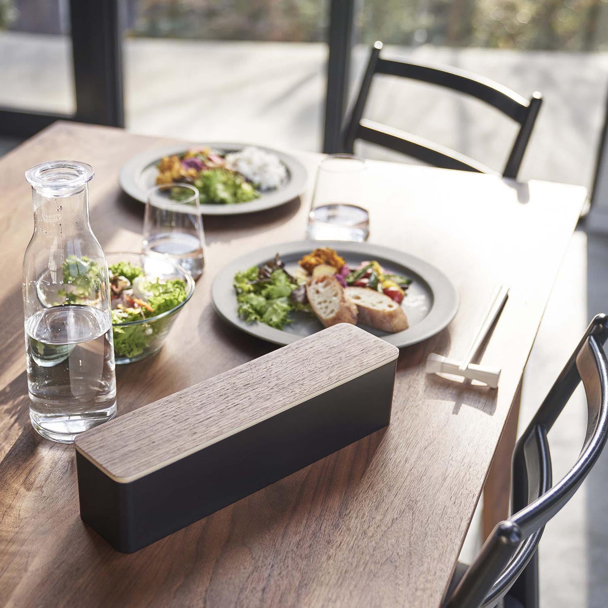 Yamazaki Rin Lidded Cutlery Case with Four Sections, Long, Long Table Case with a Natural Wood Lid and Four Sections for Toothpicks, Picks and Chopstick Rests, 32.7 x 7.5 x 8 cm and 420 g, Brown or Natural