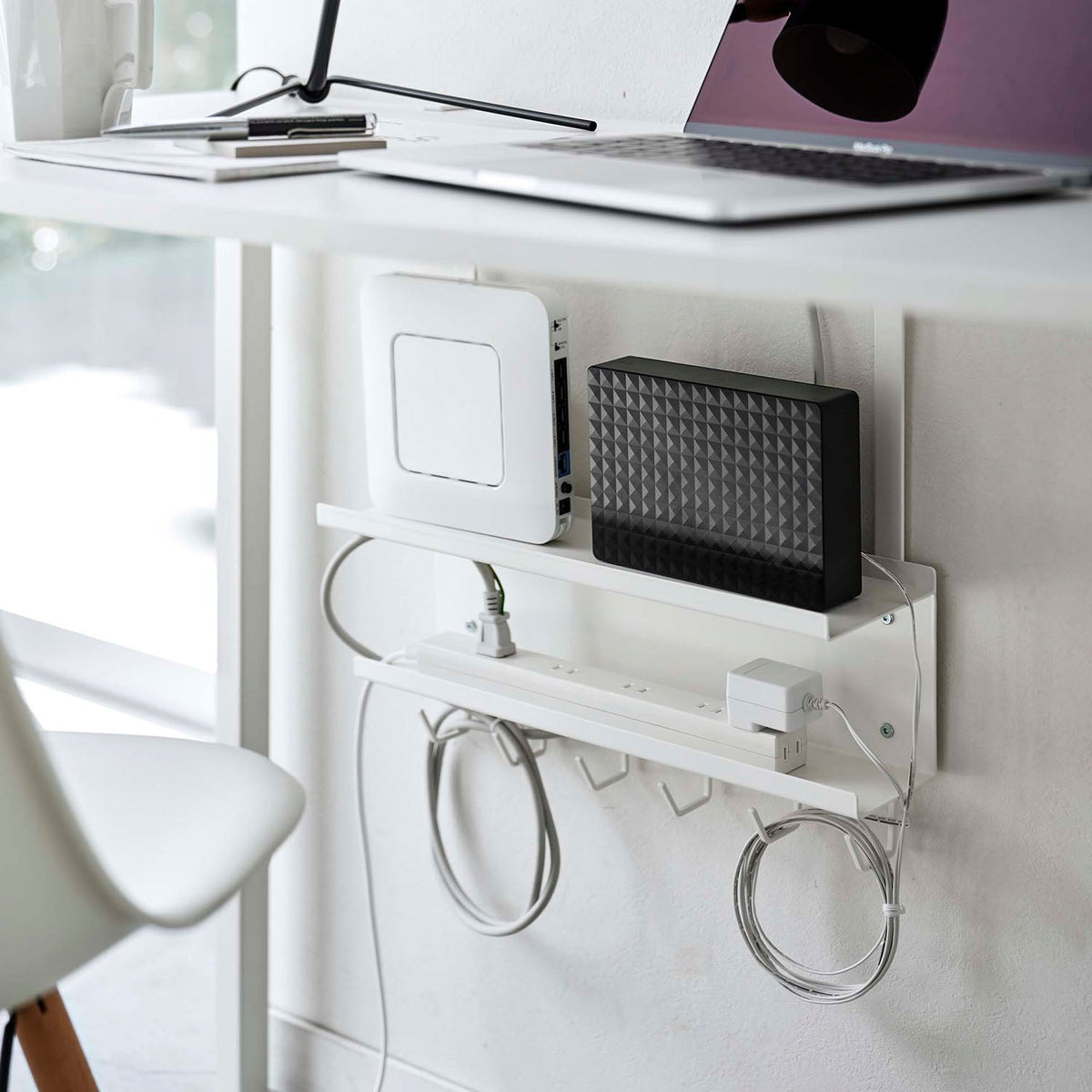 Yamazaki Smart Under-Desk Cable and Router Storage Rack, Clamp-On Rack that Floats a Router and Cables Under a Desk, Holds 3 kg, 40 x 11.5 x 43 cm and 1600 g, White or Black