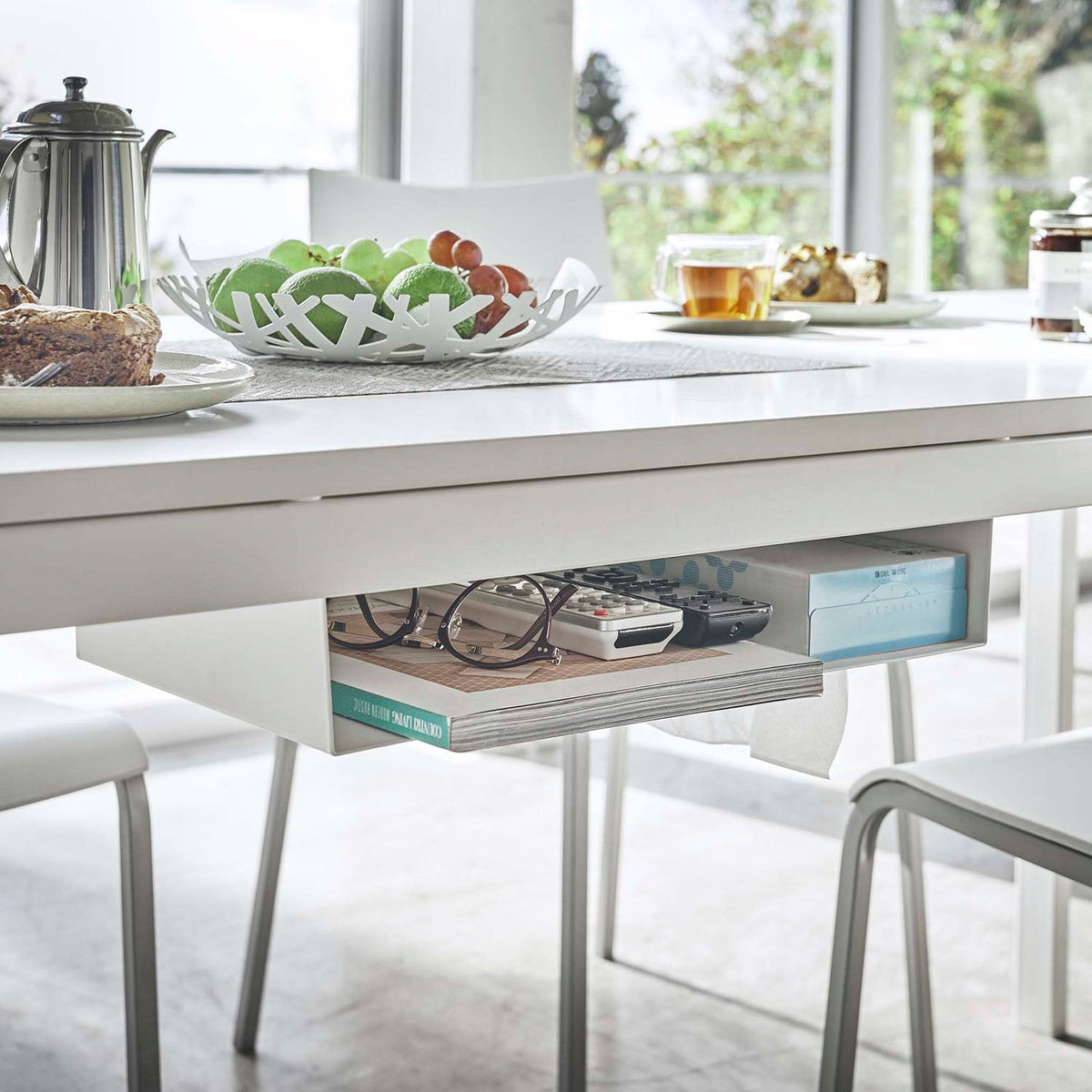 Yamazaki Tower Under-Table Storage Rack, Shelf That Screws to the Underside of a Wooden Table Top for Remotes, Tissues and Papers, Pull a Tissue Out Through the Bottom, Holds 4 kg, Screws Included, 44 x 25 x 7.2 cm and 1300 g, White or Black