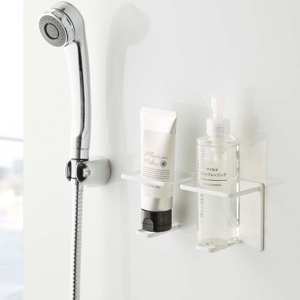 Yamazaki Tower Magnetic Bathroom Tube and Bottle Holder M Double, Holder That Sticks to a Steel Bathroom Wall by Magnet and Drains Water So Slime Stays Away, Holds 750 g per holder, 18 x 6.1 x 8 cm and 280 g, White or Black