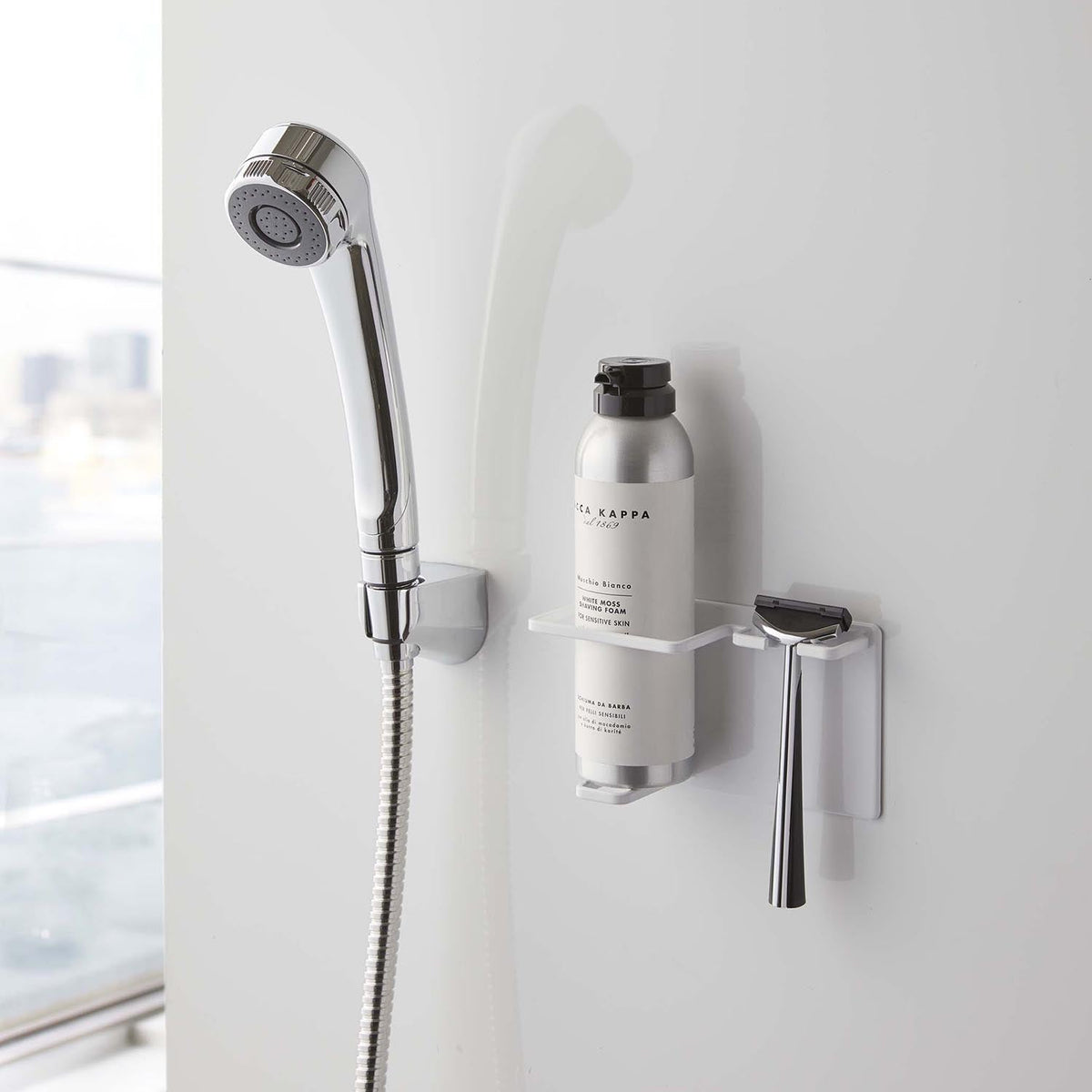 Yamazaki Tower Magnetic Bathroom Shaver and Shaving Foam Holder, Holder That Sticks to a Steel Bathroom Wall by Magnet and Drains Water So Slime Stays Away, Holds 750 g, 14.5 x 6.6 x 8 cm and 220 g, White or Black