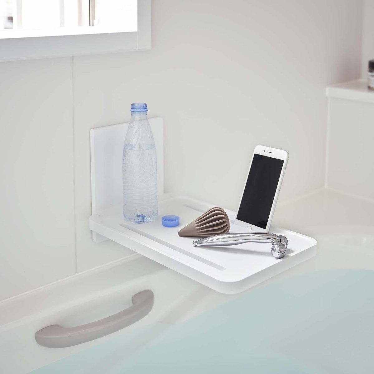 Yamazaki Tower Magnetic Bathroom Folding Shelf, Folding Shelf That Sticks to a Steel Bathroom Wall by Magnet for a Tablet or Portable TV, Drain Holes Let Water Through, 1 kg, 22 x 38.7 x 22 cm open; 22 x 5 x 41 cm folded and 1200 g, White or Black