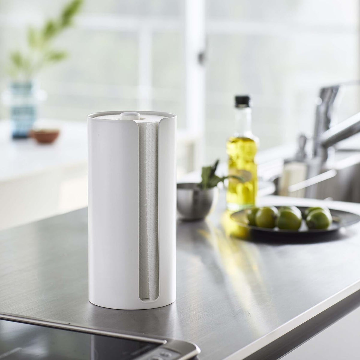 Yamazaki Tower Cover-Type Kitchen Paper Holder, Slim Steel Cover-Type Holder that Hides a Kitchen Paper Roll from Dust and Oil Splashes, 11.5 x 11.5 x 24.5 cm and 700 g, White or Black