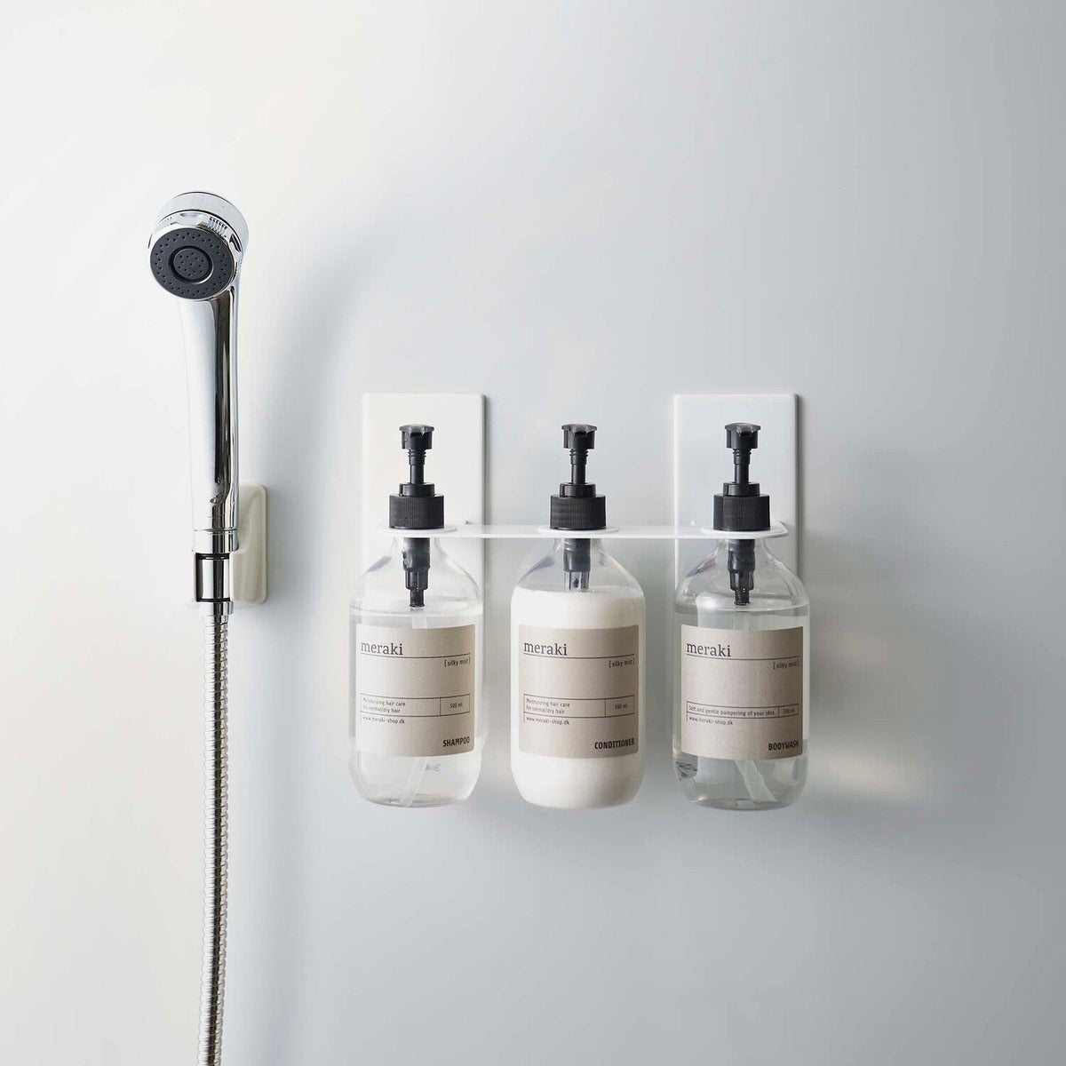 Yamazaki Tower Magnetic Triple Dispenser Holder, Magnetic Holder for Three Pump Bottles that Floats on a Steel Bathroom Wall, Holds 4.5 kg, 25 x 8 x 17 cm and 670 g, White or Black