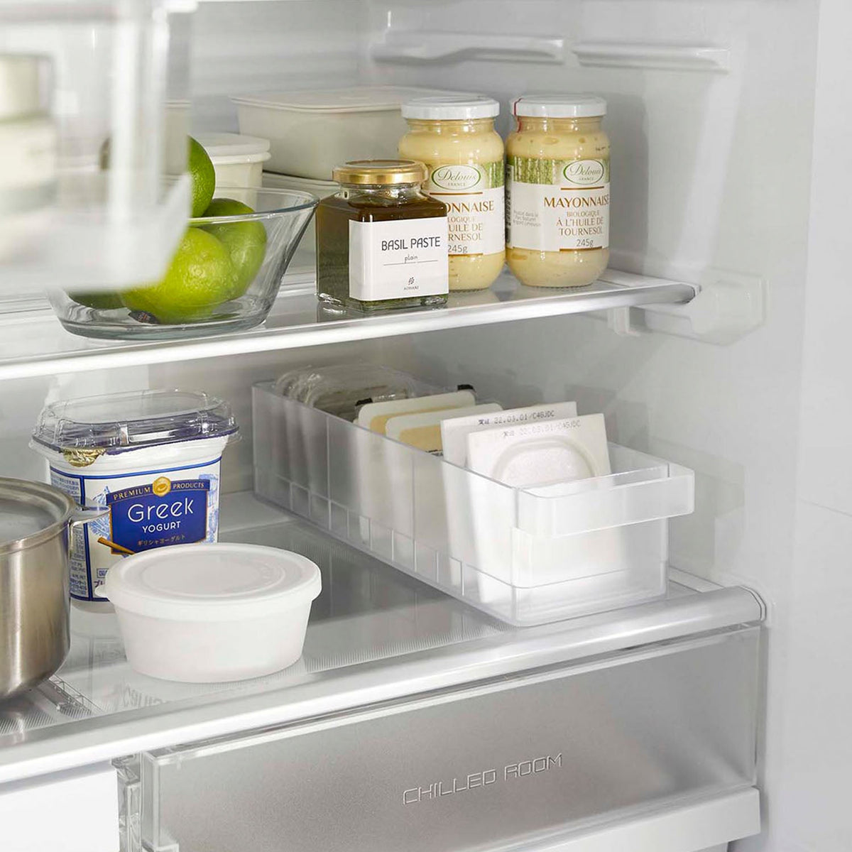 Yamazaki Tower Fridge Case with Dividers, Long Narrow Case With Grooves and Two Dividers That Stands Natto and Tofu Packs on Edge So Dates Show, Holds 10 Natto Packs on a Refrigerator Shelf, 37.5 x 11 x 8.2 cm and 435 g, White or Black