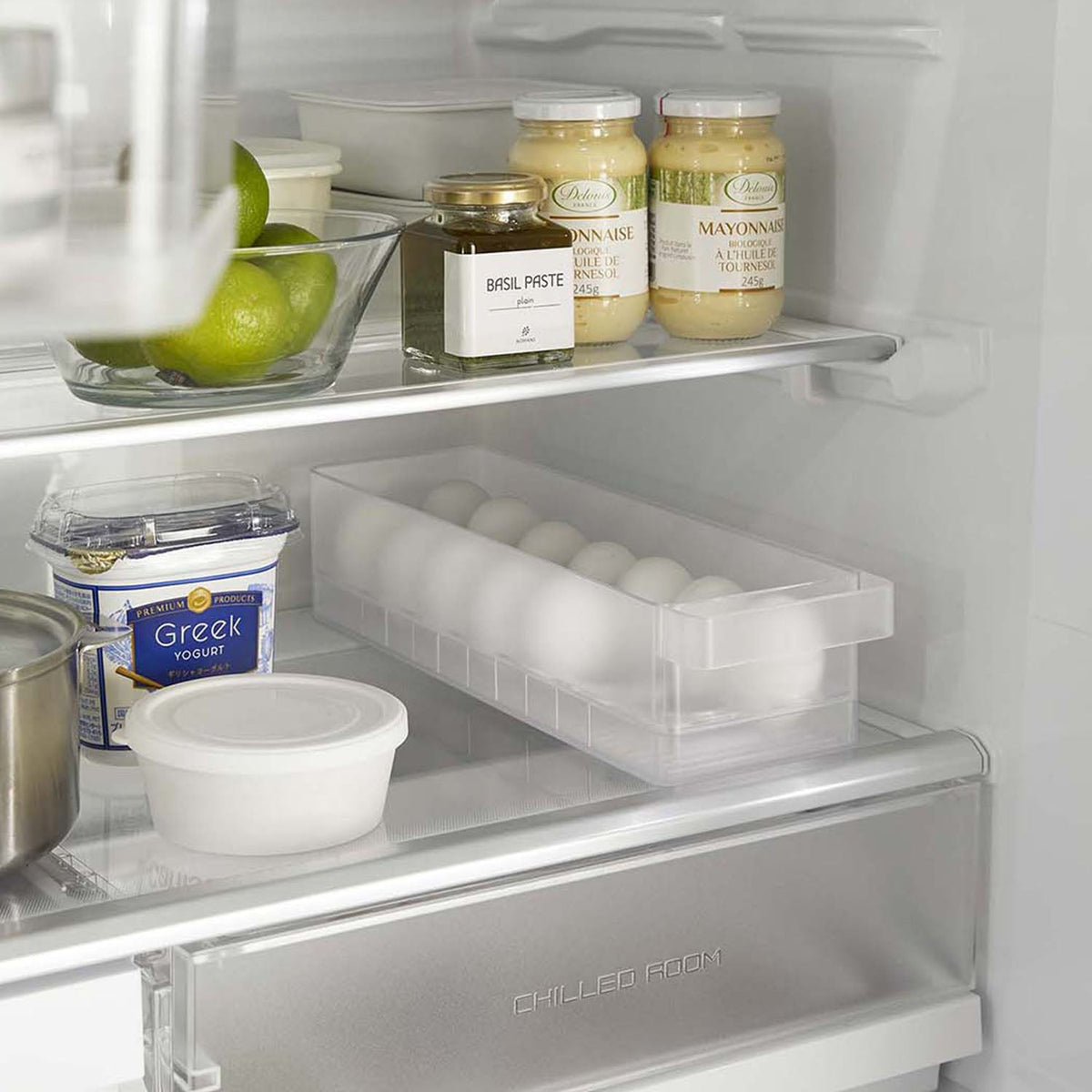 Yamazaki Tower Fridge Egg Case for 14 Eggs, Long Narrow Egg Case That Holds 14 Eggs on a Refrigerator Shelf to the Back Without Wasting Space, Handle Lifts It Out, Stackable, 37.5 x 11 x 8.2 cm and 450 g, White or Black