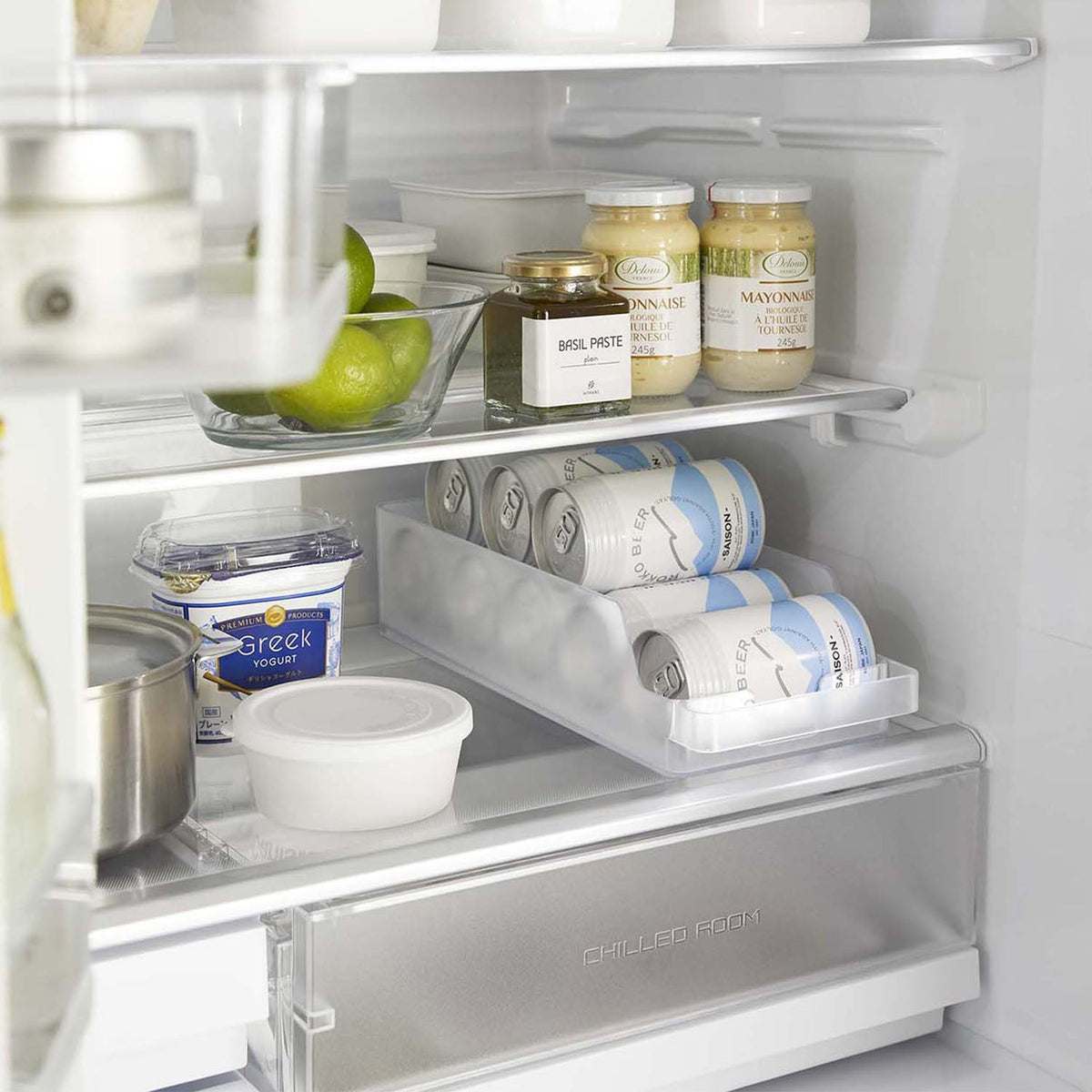 Yamazaki Tower Fridge Can Stocker, Sloped Case on a Refrigerator Shelf That Rolls the Next Can Forward When You Take One, Holds 9 Lying 350 mL Cans or 10 Standing, 37.5 x 14 x 8.2 cm and 450 g, White or Black