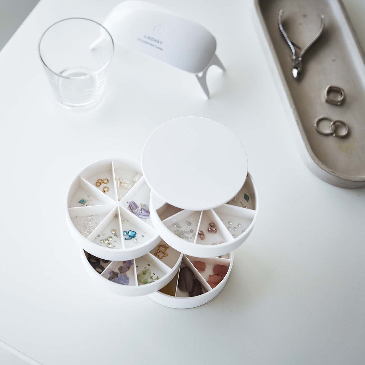 Yamazaki Tower Nail Parts and Accessory Storage Case, Small Square Case With Rotating Trays for Sorting Tiny Nail Parts and Accessories, Trays Swivel Out So Small Items Are Easy to Take, 10 x 10 x 10 cm and 220 g, White