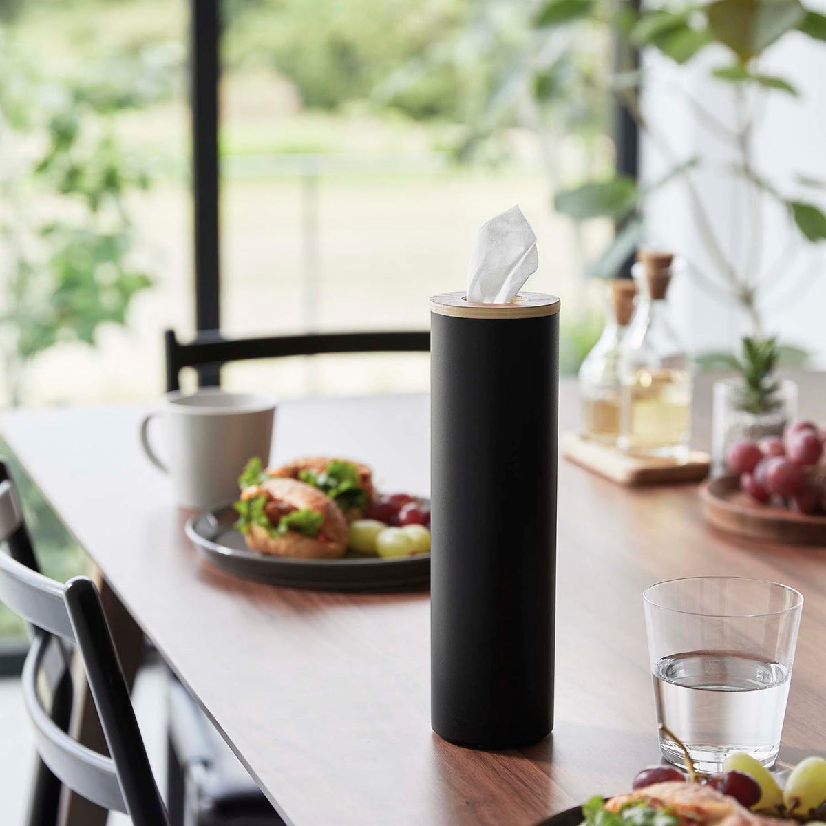 Yamazaki Rin Bottle-Shaped Tissue Case, Small, Tall Slim Bottle-Shaped Steel Case with a Wood Lid for 120 Sheets of Tissue that Fits a 6.8 cm Cup Holder, 7 x 7 x 23.8 cm and 300 g, Brown or Natural
