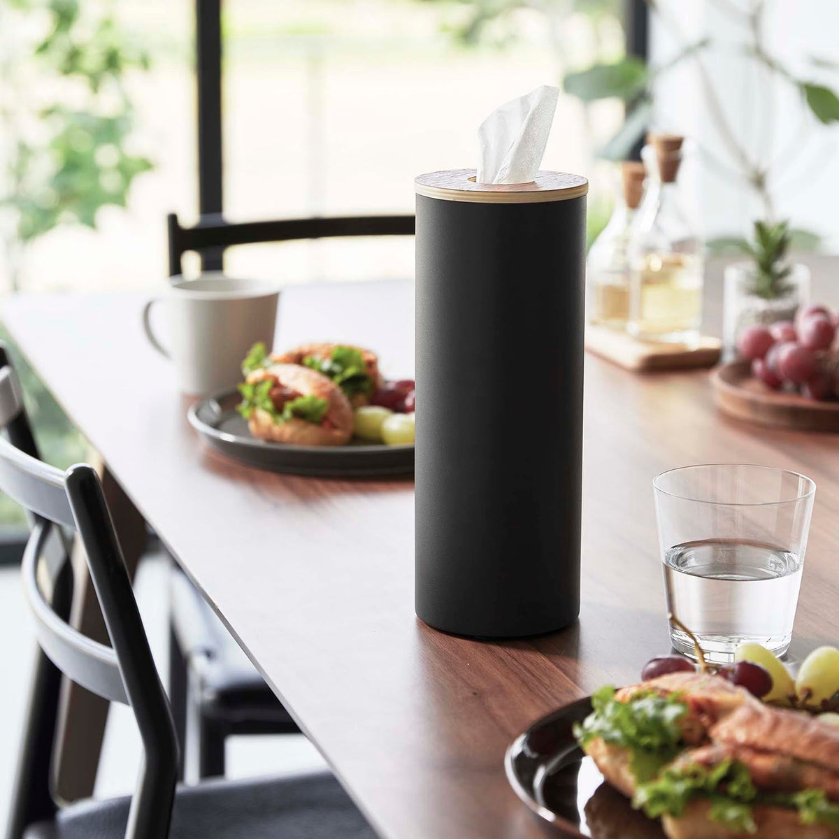 Yamazaki Rin Bottle-Shaped Tissue Case, Large, Tall Bottle-Shaped Steel Case with a Wood Lid for 400 Sheets of Tissue that Stands Upright and Seals, 9.2 x 9.2 x 23.8 cm and 450 g, Brown or Natural