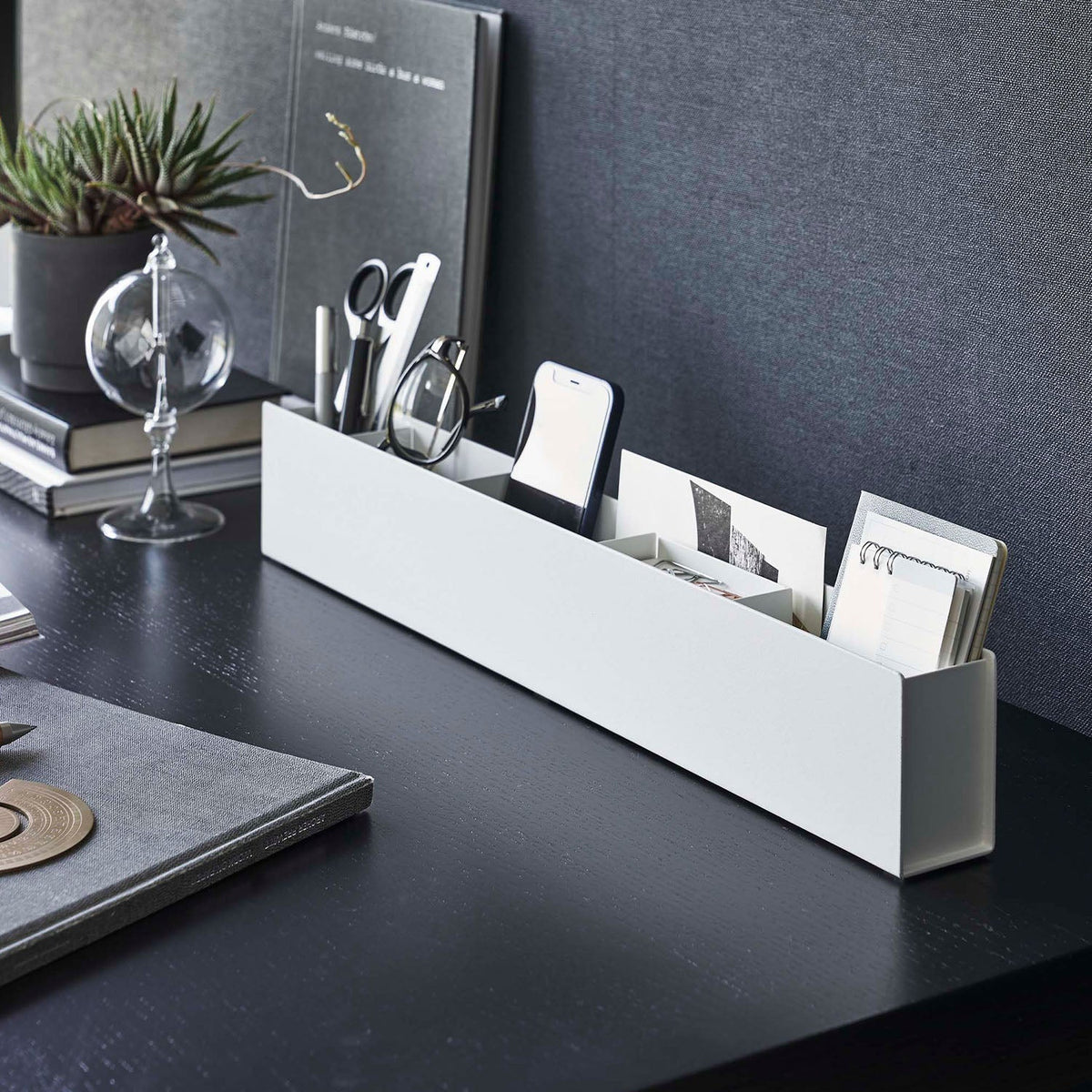 Yamazaki Tower Slim Desk Organizer with Tray and Divider, Long Slim Steel Desk Organizer, 50 cm Wide, with a Small Tray and a Divider that Adjust, 50 x 5 x 8.2 cm and 1600 g, White or Black
