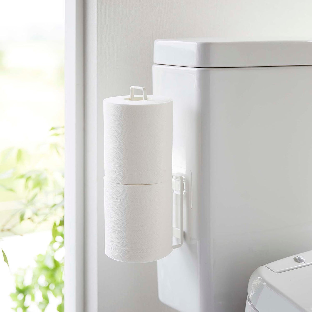 Yamazaki Tower Film-Hook Toilet Paper Holder, Slim Holder on a Film Hook That Floats Two Toilet Rolls on the Toilet Tank Wall Without Using Floor Space, Slots Onto the Hook, Holds 1 kg, 3.7 x 7.3 x 25 cm and 120 g, White