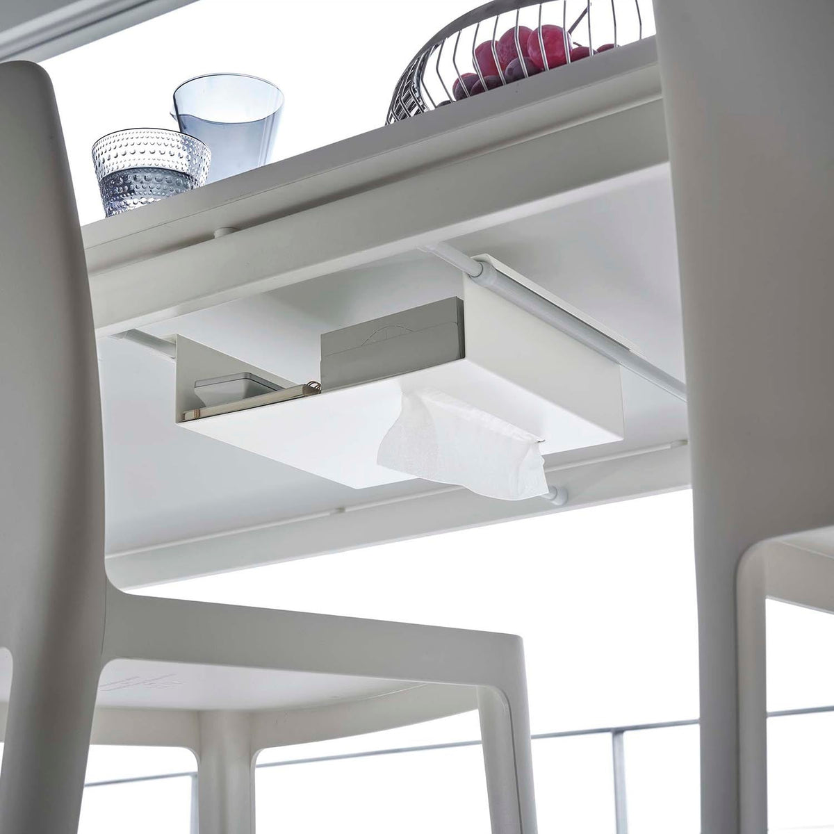 Yamazaki Tower Rack for Under-Table Tension Rods, Rack That Rests on Two Tension Rods You Already Own to Add Storage Under a Table Without Drilling, Holds Remotes and Tissues, Rods Not Included, 30 x 23.7 x 8 cm and 650 g, White or Black