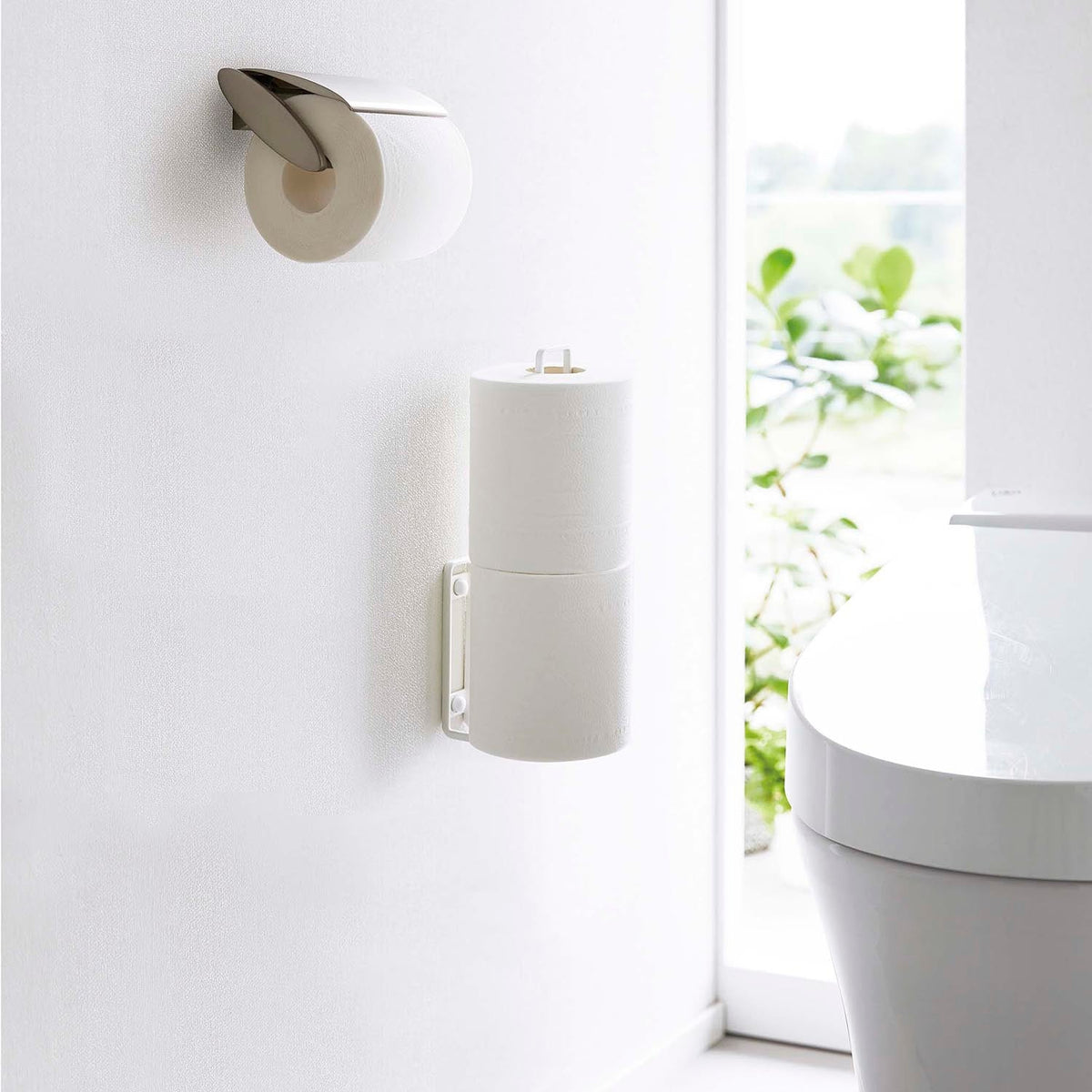 Yamazaki Tower Wall-Mounted Toilet Paper Holder, Slim Wall Holder That Floats Two Toilet Rolls on a Plasterboard Wall Without Using Floor Space, Pins Included and Holes Hard to See, Holds 1 kg, 3.7 x 7 x 25 cm and 110 g, White