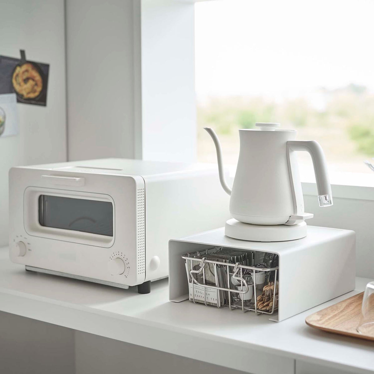 Yamazaki Tower Rack for Under Kitchen Appliances, Sturdy Rack That Lifts an Electric Kettle or Coffee Maker and Uses the Space Under It for Tea and Coffee Goods, Holds 5 kg, Cup Tray Pulls Out, 22 x 25 x 11 cm and 1200 g, White or Black