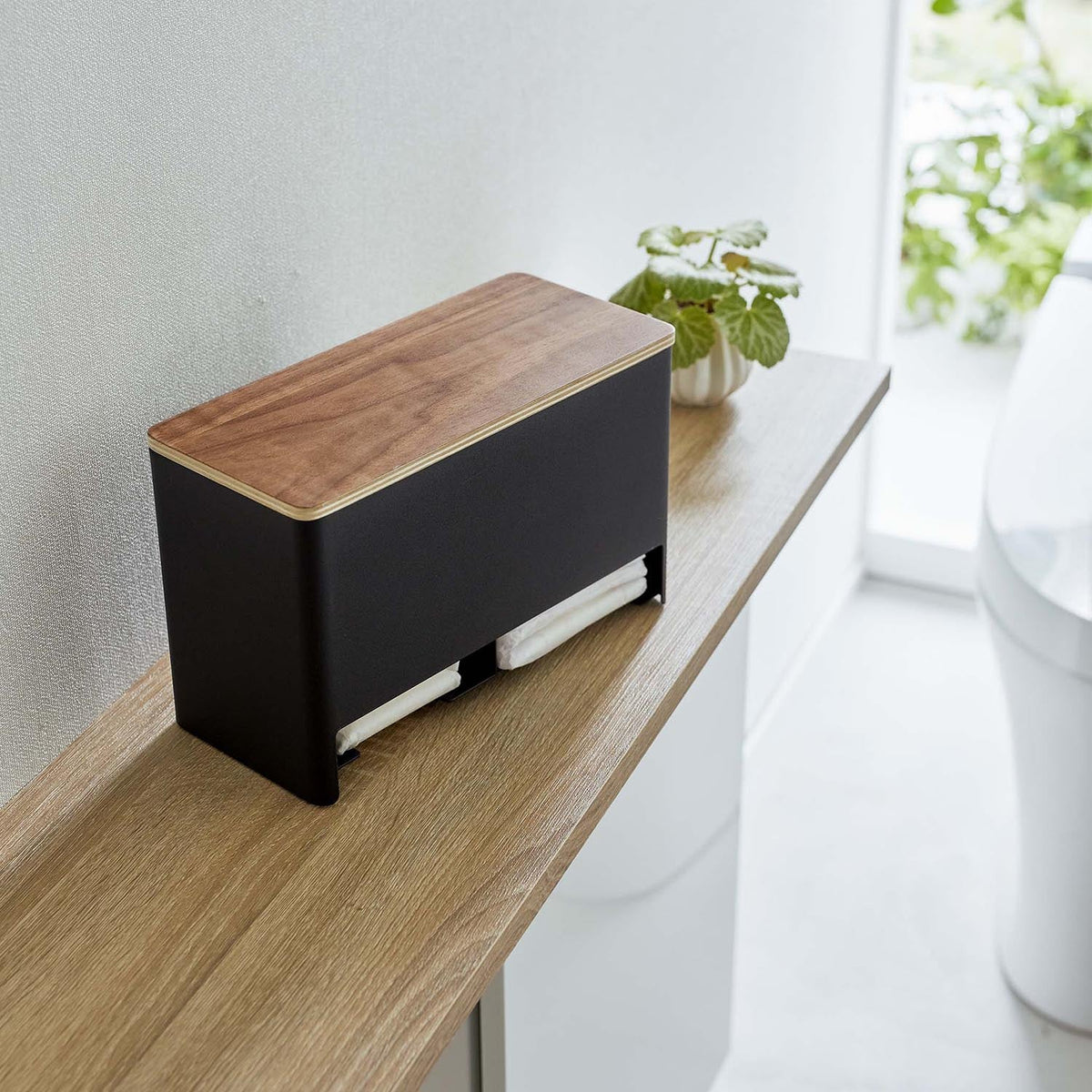 Yamazaki Rin Sanitary Storage Holder with Sorting Pockets, Steel Box with a Natural Wood Lid and Dividers for Sorting Sanitary Items, Turns Around to Hide Them, 26.2 x 11.7 x 16.6 cm and 1400 g, Brown or Natural