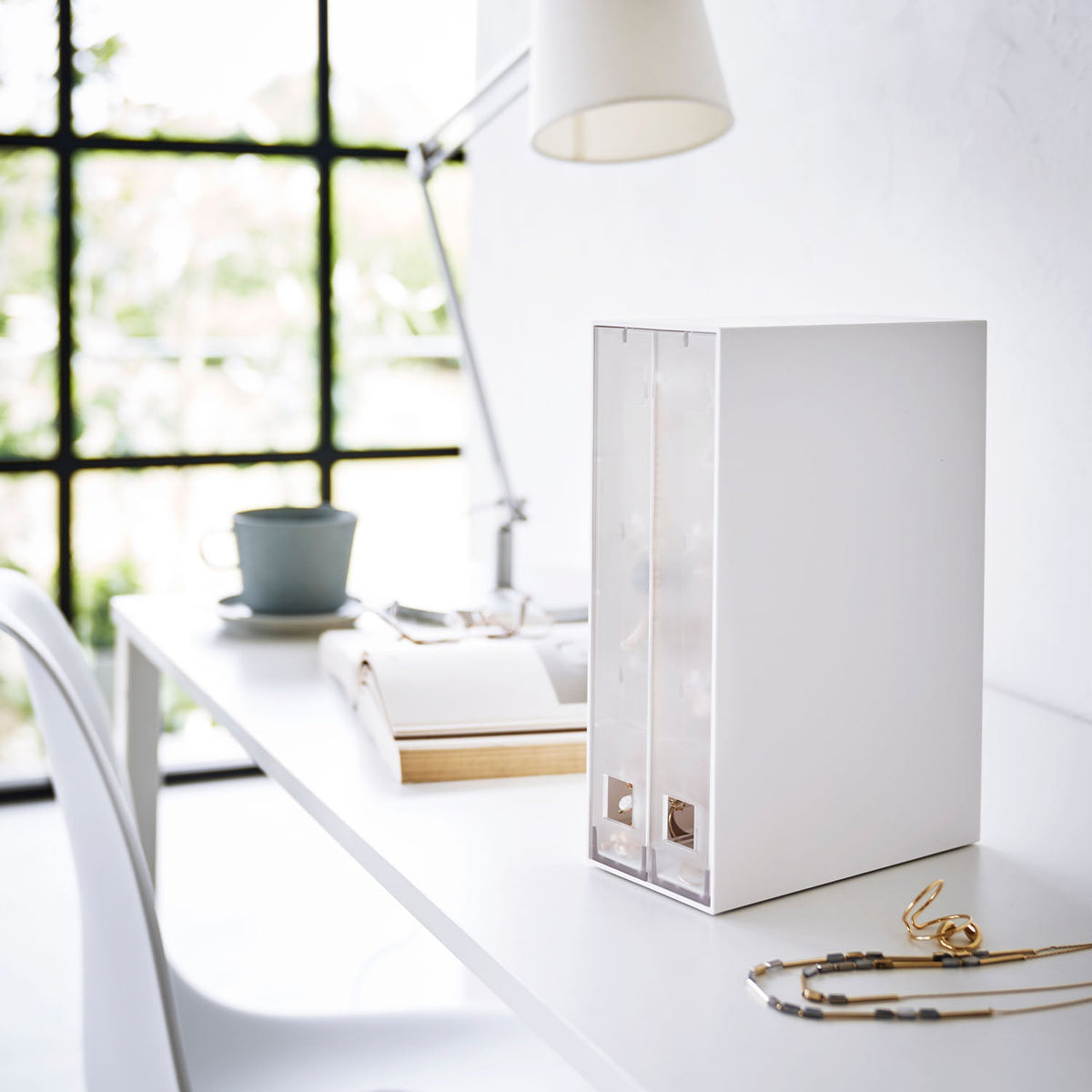 Yamazaki Tower Necklace and Earring Drawer Case, Slim Two-Drawer Case with Translucent Fronts and Felt Mats for Necklaces and Earrings, 8.8 x 17.5 x 25.3 cm; drawer 4.1 x 17.2 x 24.6 cm and 565 g, White or Black