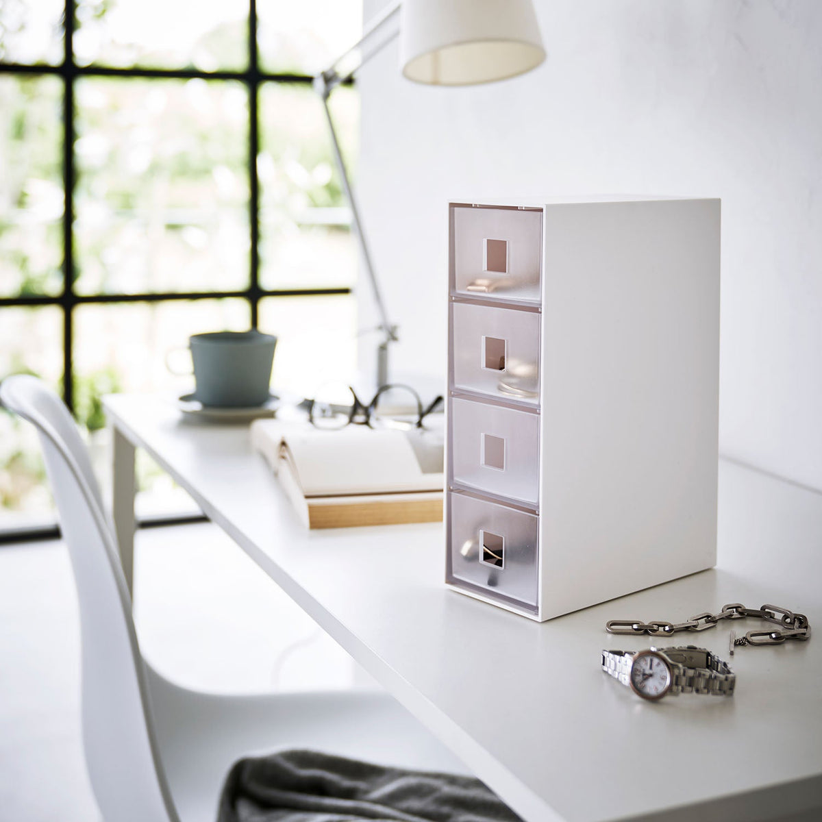 Yamazaki Tower Sunglasses and Small Item Drawer Case, Slim Four-Drawer Case with Translucent Fronts and Felt Mats for Sunglasses, Watches and Small Items, 8.8 x 17.5 x 25.3 cm; drawer 8.2 x 17.1 x 6 cm and 950 g, White or Black
