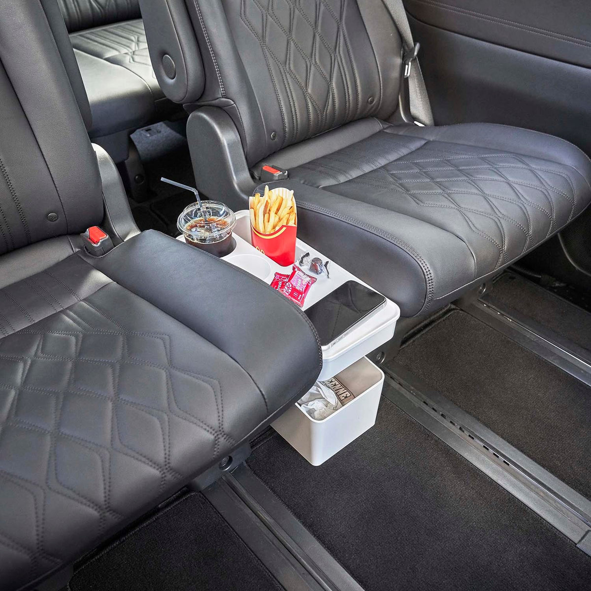 Yamazaki Tower Console Trash Box for Cars with a Sliding Lid, Sliding-Lid Console Trash Box for a Family Car with Drink and Phone Slots, 6 L, Holds 2 kg, 38 x 17 x 25.5 cm; 52 cm wide with the lid slid open and 1450 g, White or Black