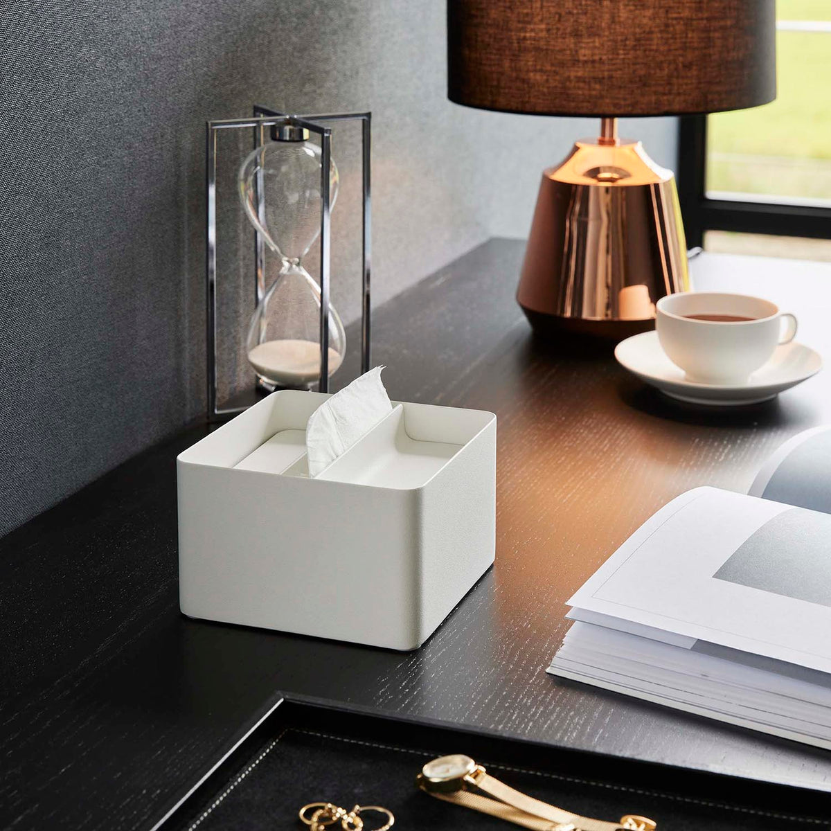 Yamazaki Tower Lidded Half-Size Tissue Case, Compact Steel Case with a Steel Lid for Half-Size Tissue that Does Not Lift as You Pull, 13 x 13 x 10 cm and 610 g, White or Black
