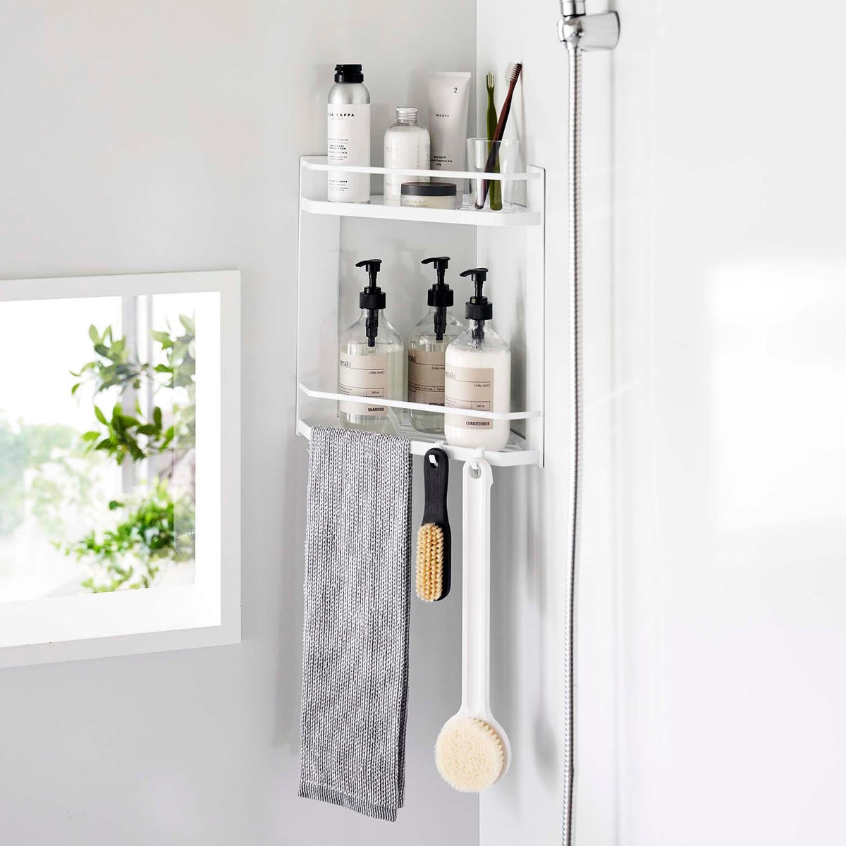 Yamazaki Tower Magnetic Bathroom Corner Rack, Two Tiers, Magnetic Two-Tier Corner Rack for Bathrooms with Slatted Shelves that Drain, Four Hooks Included, 22.5 x 22.5 x 34 cm and 1300 g, White or Black