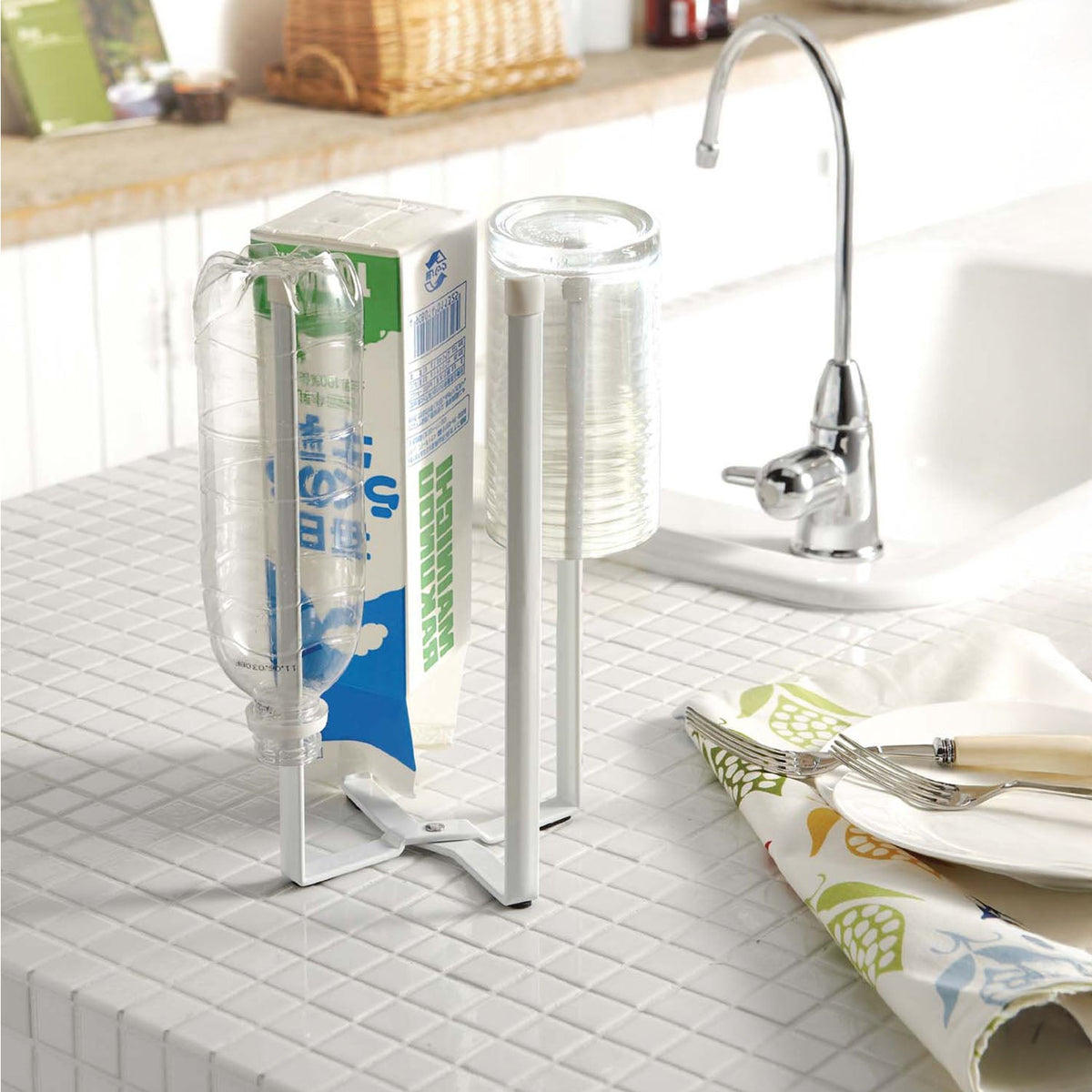 Yamazaki Tower Kitchen Eco Stand, Tall Stand Long Enough to Dry Plastic Bottles, Milk Cartons and Flasks Upside Down, Hang a Storage Bag to Transfer Meals, Silicone Anti-Slip, 12 x 9.5 x 26.5 cm and 450 g, White or Black