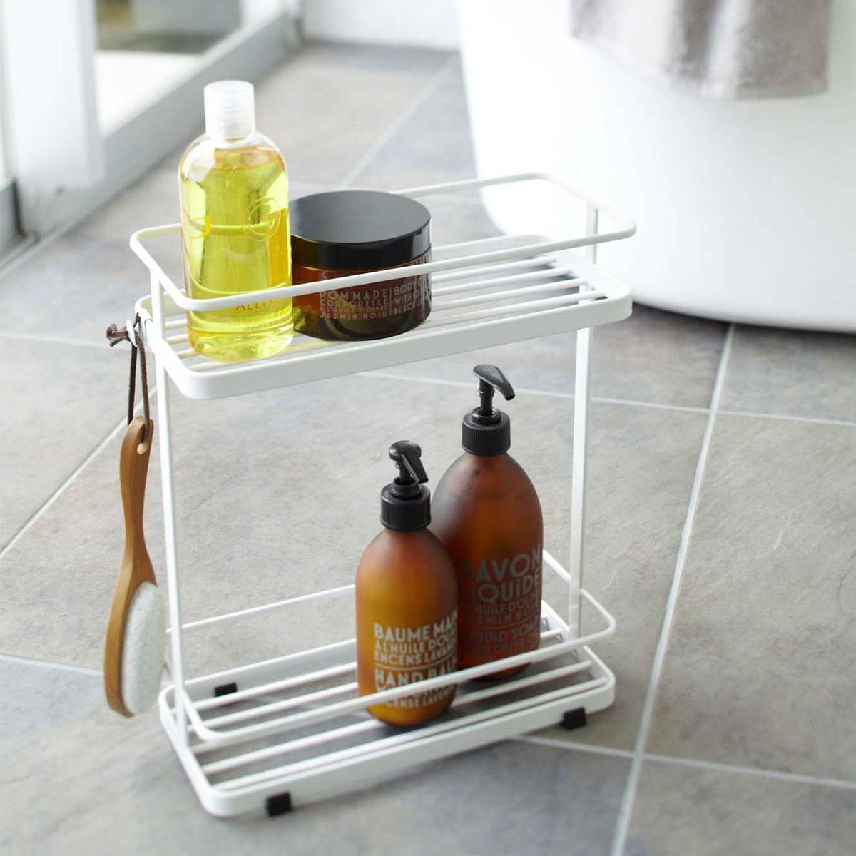 Yamazaki Tower Wide Dispenser Stand with Hooks, Upright Two-Tier Steel Stand for Pump Bottles and Bath Items with Hooks, Holds 3 kg per Shelf, 28 x 12 x 33.5 cm and 1200 g, White or Black