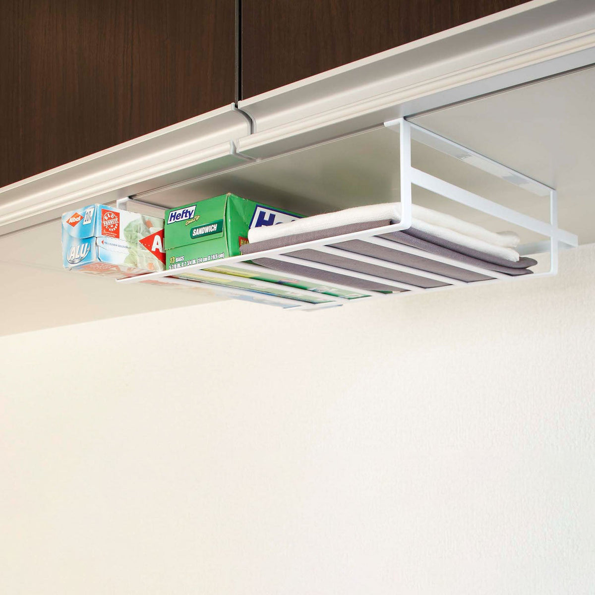 Yamazaki Tower Under-Cabinet Storage Rack L, Wide Rack That Slides Onto a Wall Cabinet Shelf and Holds Small Kitchen Items at a Reachable Height, Holds 2 kg, 30.5 x 26 x 9.5 cm and 710 g, White or Black