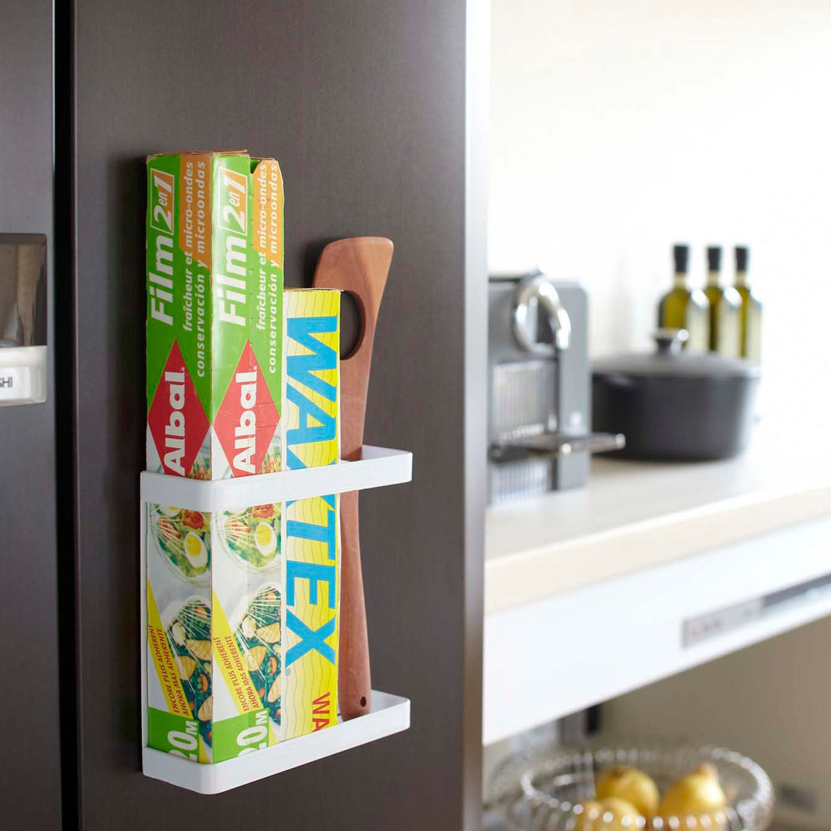 Yamazaki Tower Magnetic Wrap Holder, Magnetic Holder With Dividers That Stores Wrap and Foil Boxes on the Side of a Refrigerator Without Rattling, Holds 1 kg, 15.5 x 5.2 x 15.5 cm and 440 g, White or Black