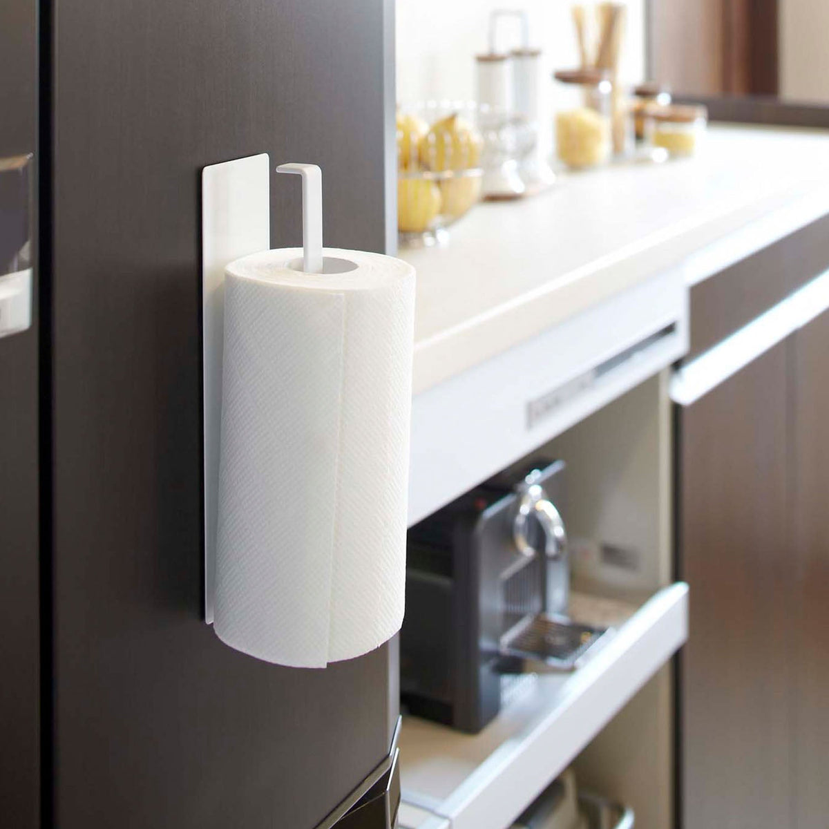 Yamazaki Tower Magnetic Kitchen Paper Holder, Magnetic Holder That Sticks to the Side of a Refrigerator With a Kitchen Paper Roll Up to 24 cm High, Turn It Round to Hang a Towel Too, Holds 1 kg, 6 x 5.2 x 24.5 cm and 300 g, White or Black