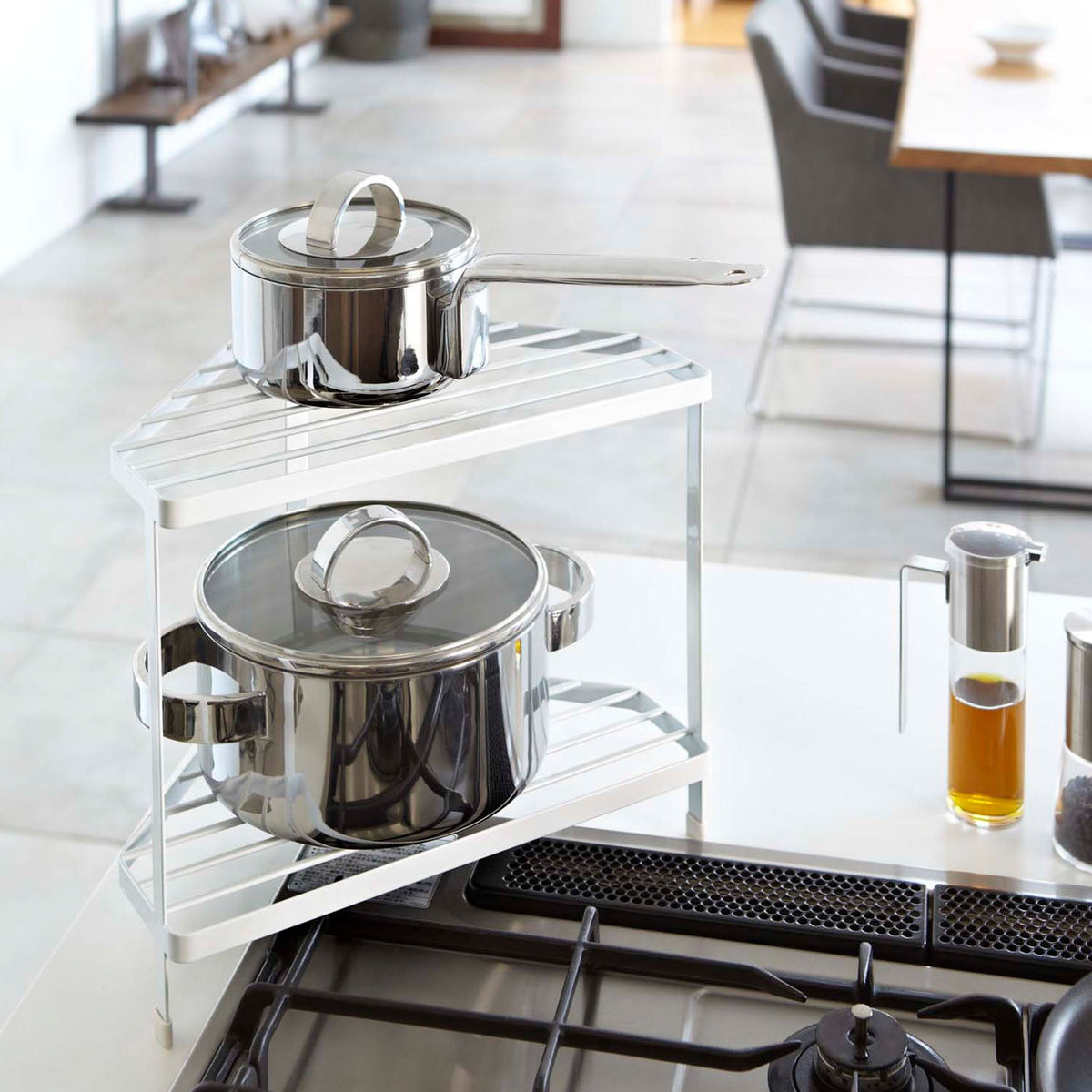 Yamazaki Tower Kitchen Corner Rack, Two-Tier Steel Wire Corner Rack for Pans and Seasonings Beside the Hob, 2.5 kg per Shelf, 34 x 22.5 x 29 cm and 1100 g, White or Black
