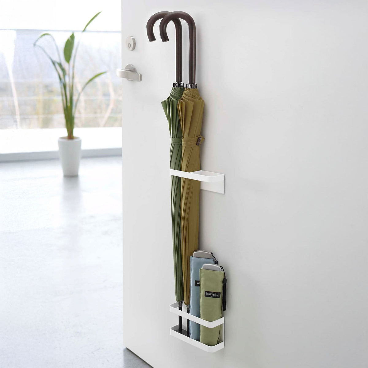 Yamazaki Tower Magnetic Umbrella Stand for Four Umbrellas, Two-Part Magnetic Umbrella Stand that Sticks to a Steel Door and Holds Four Umbrellas Off the Floor, Upper holder 16 x 5 x 5 cm; lower holder 16 x 5 x 8 cm and 540 g, White or Black