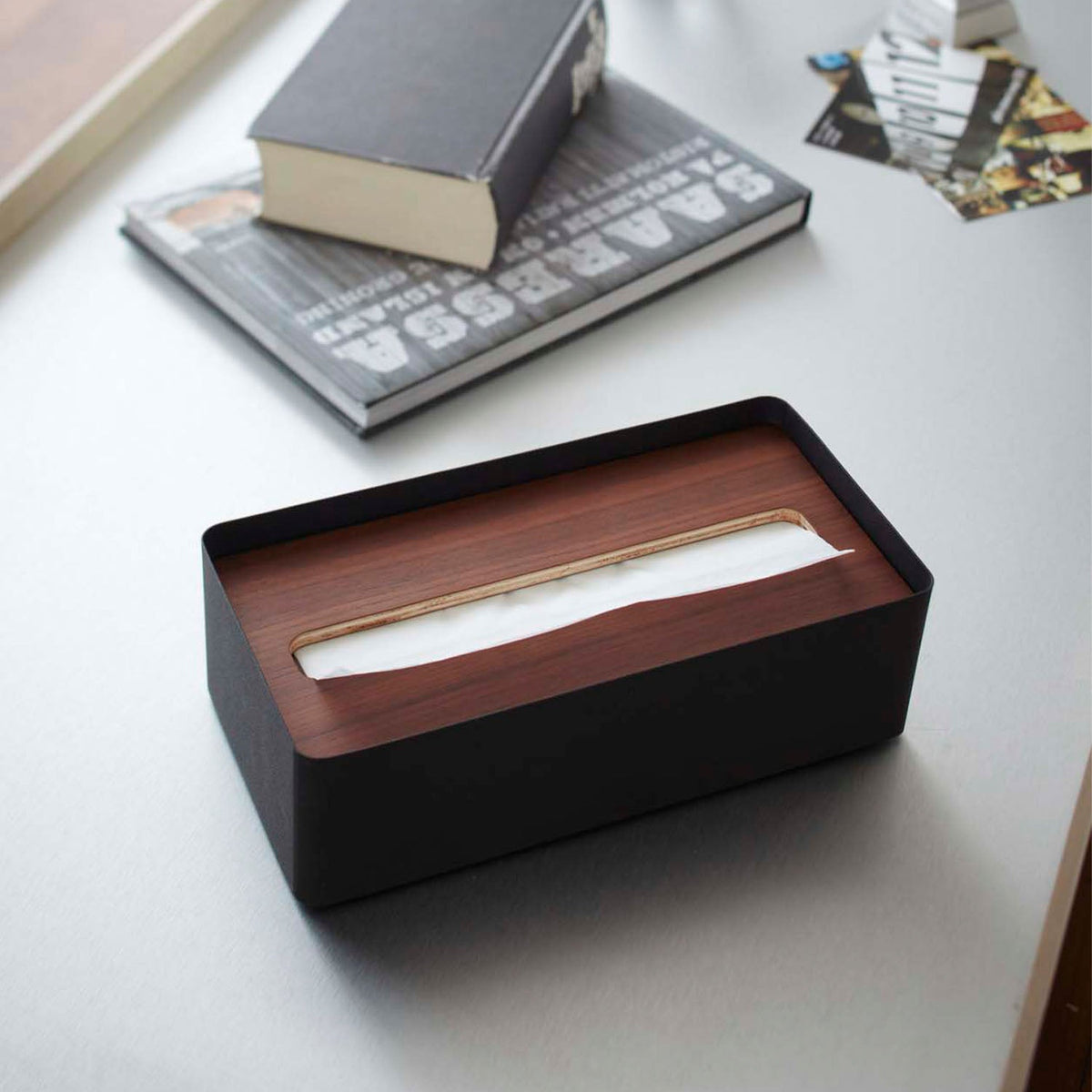 Yamazaki Rin Lidded Tissue Case, Large, Wide Steel Case with a Wood Lid for a Tissue Box or Paper Towels up to 7 cm High, 26 x 13 x 8.2 cm and 610 g, Brown or Natural