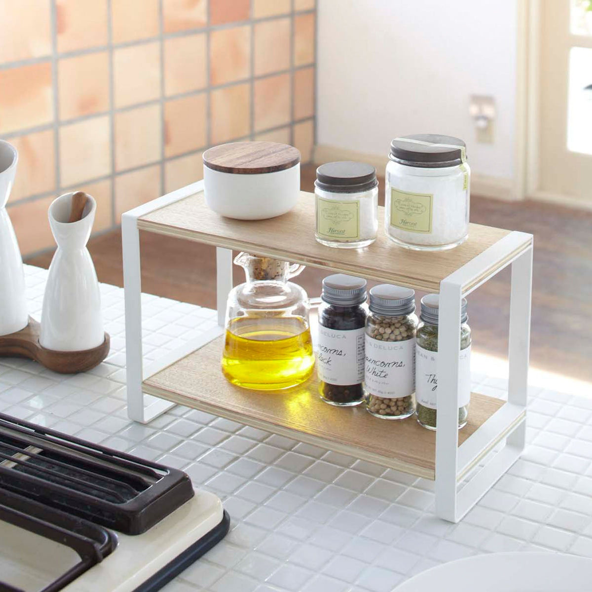 Yamazaki Tosca Compact Two-Tier Kitchen Rack, Compact Two-Tier Steel and Wood Rack for Kitchen Seasonings, 2 kg per Shelf, 33 x 12 x 19 cm and 820 g, White
